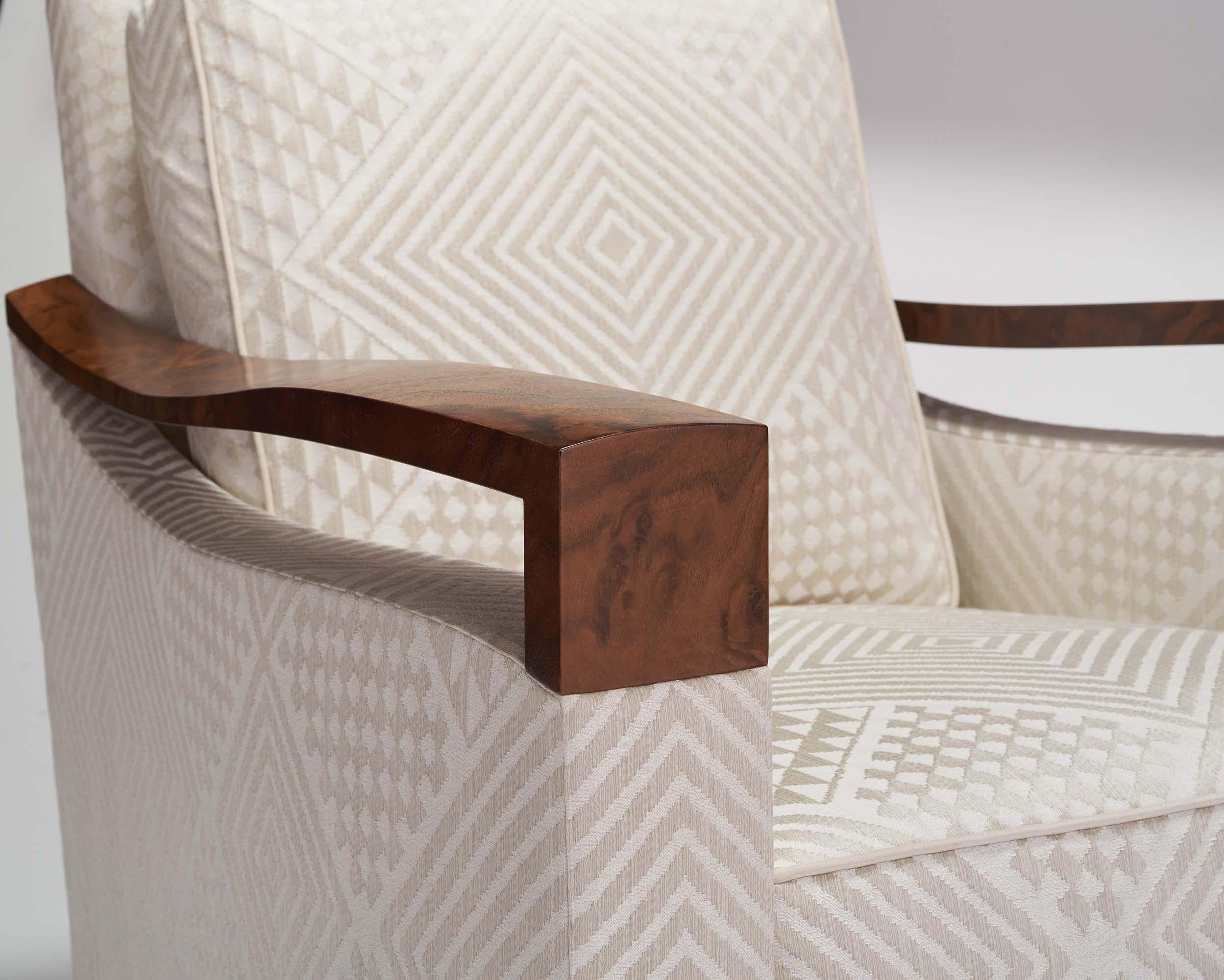 Contemporary Donghia Woodbridge Club Chair in Cream Cotton Upholstery with Geometric Pattern For Sale