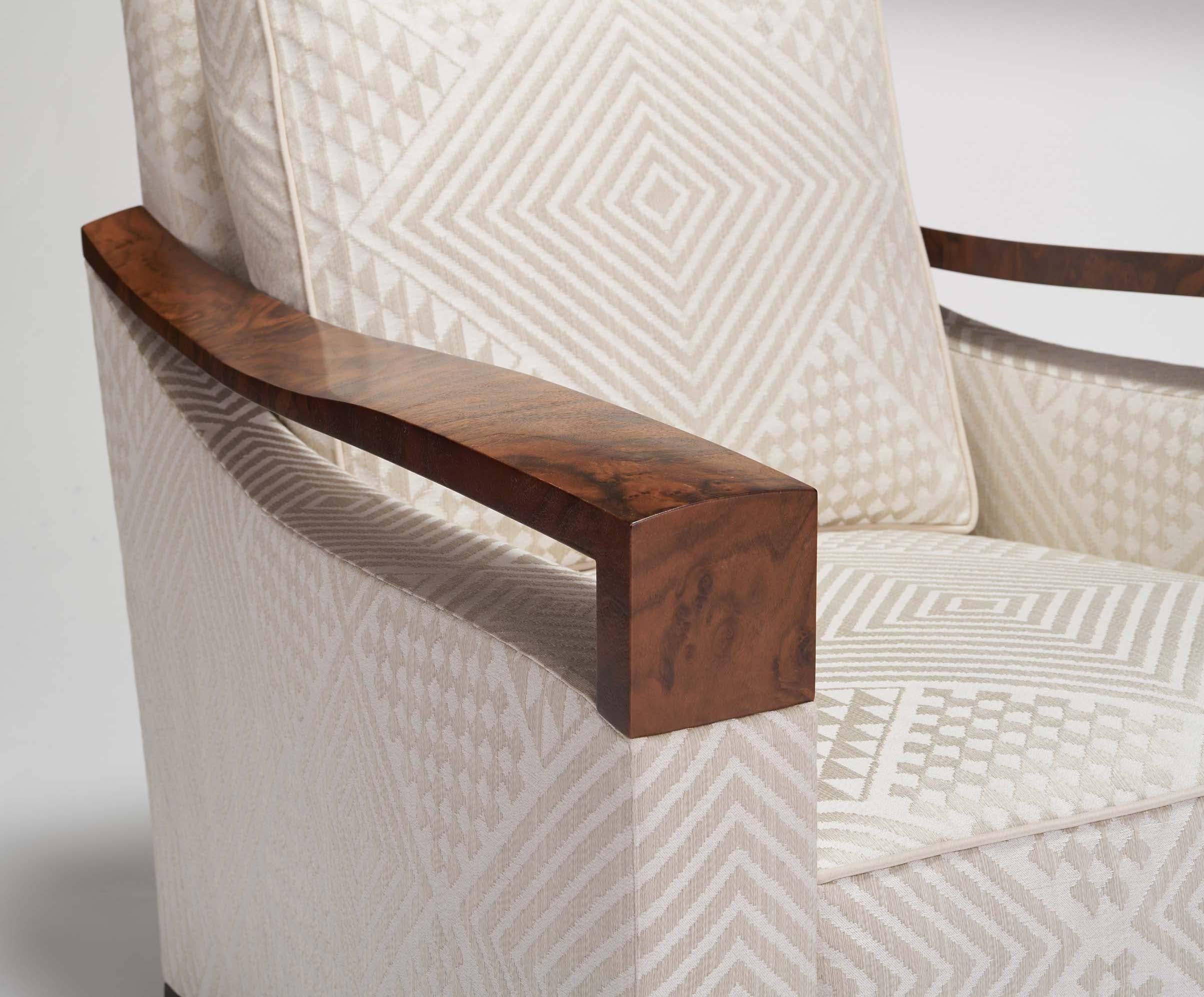 Donghia Woodbridge Club Chair in Cream Cotton Upholstery with Geometric Pattern For Sale 1