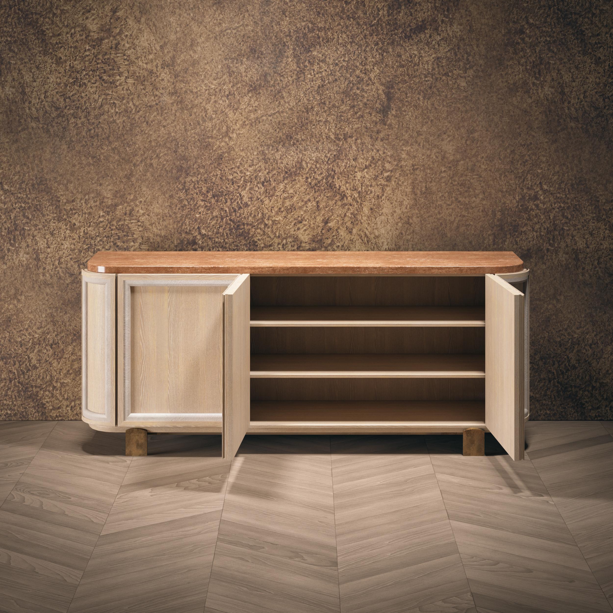Modern  Credenza, Oak Body with Textured Lacquer Finish Details, Travertine Top  For Sale