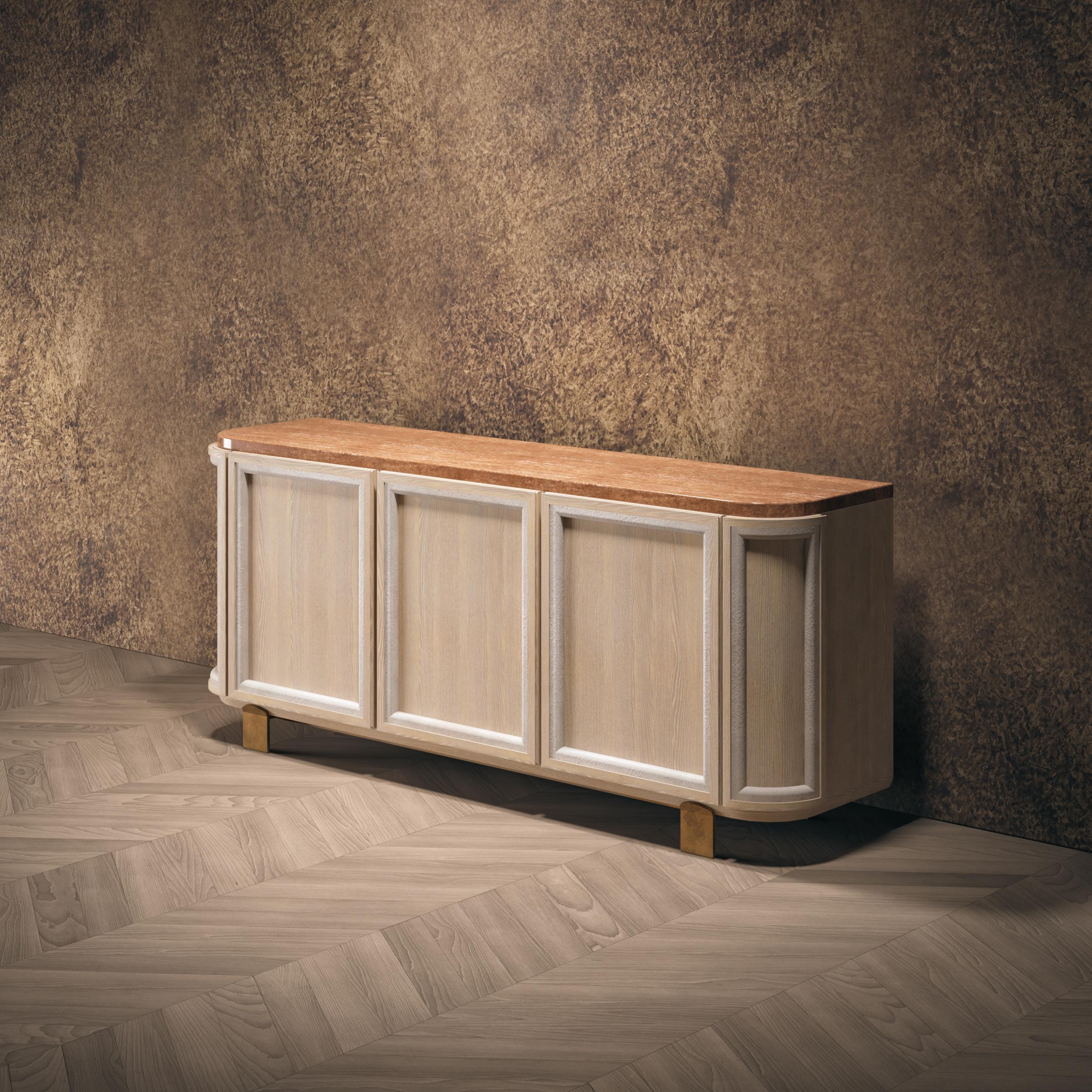 Credenza, Oak Body with Textured Lacquer Finish Details, Travertine Top  For Sale 1