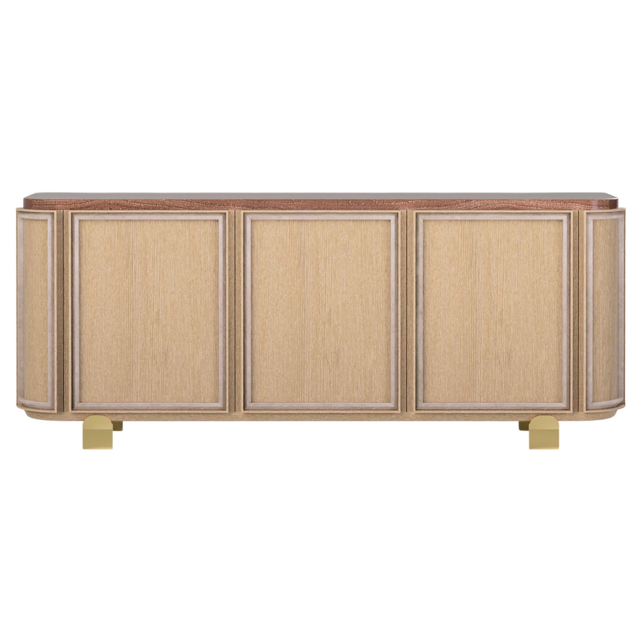  Credenza, Oak Body with Textured Lacquer Finish Details, Travertine Top  For Sale