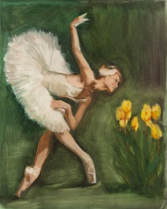 Olio originale su tela di Dongxing Huang "Ballerina e tulipani".