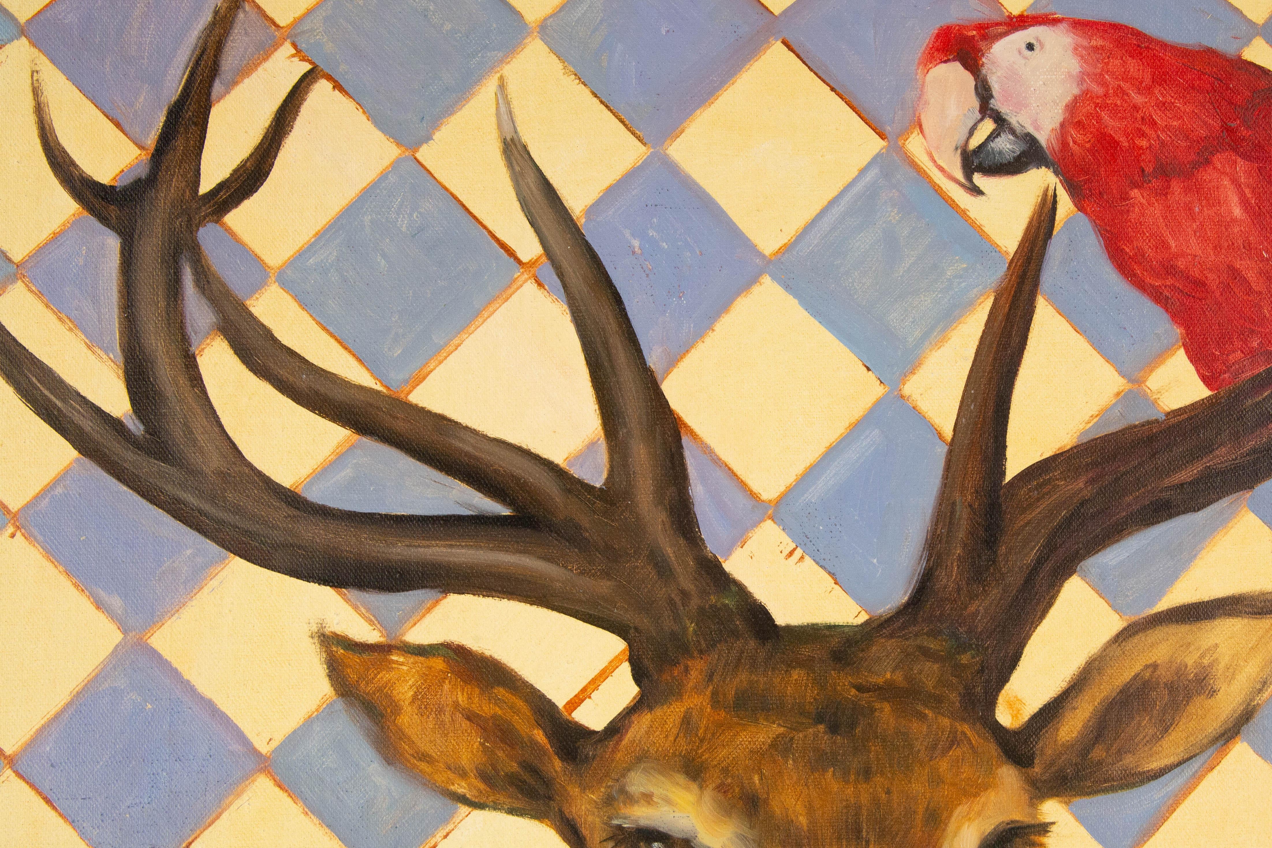 Dongxing Huang Tier Original Ölgemälde auf Leinwand „ Papagei und Hirsch“ im Angebot 1