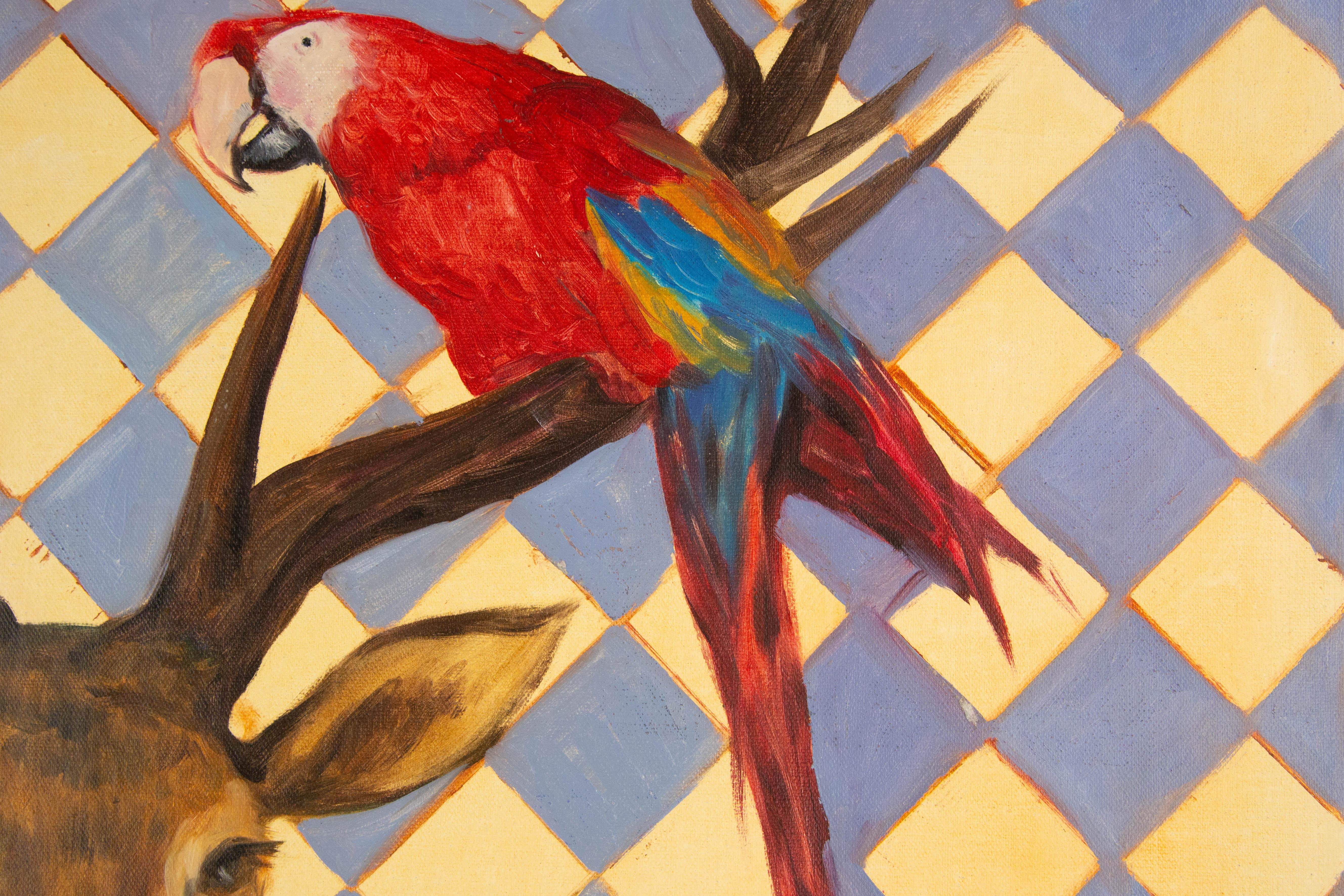 Dongxing Huang Tier Original Ölgemälde auf Leinwand „ Papagei und Hirsch“ im Angebot 3