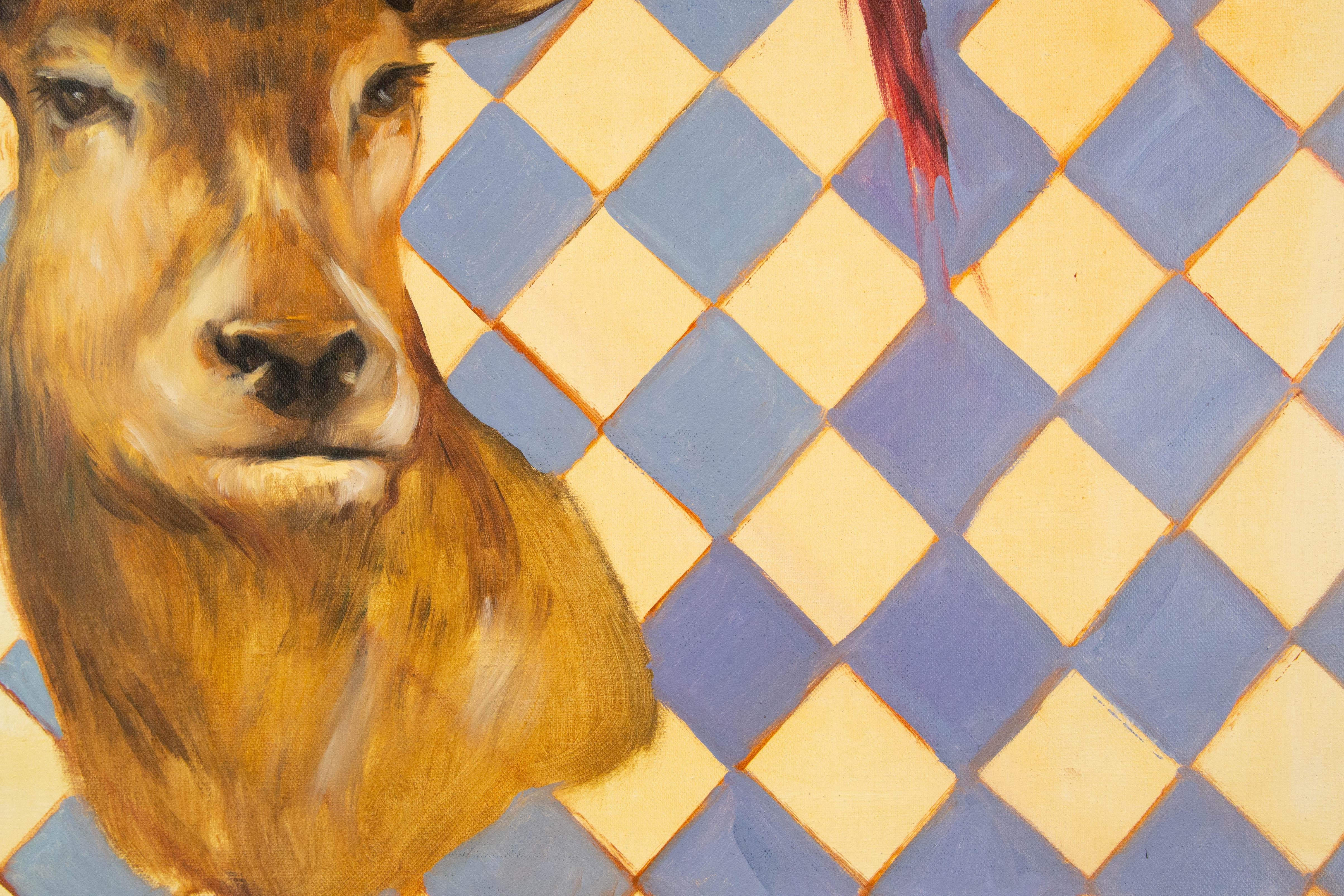 Dongxing Huang Tier Original Ölgemälde auf Leinwand „ Papagei und Hirsch“ im Angebot 4