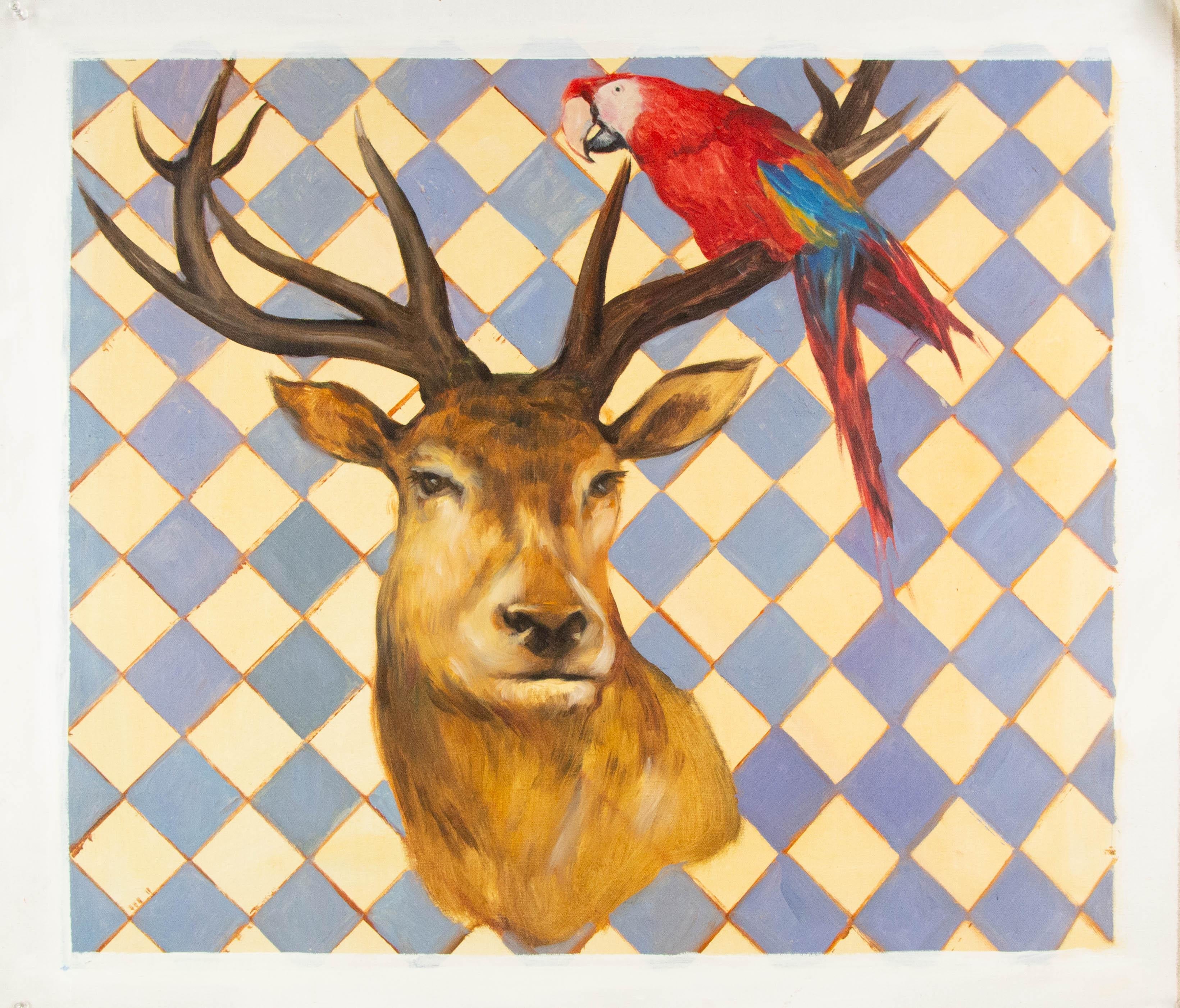 Dongxing Huang Tier Original Ölgemälde auf Leinwand „ Papagei und Hirsch“ im Angebot 7
