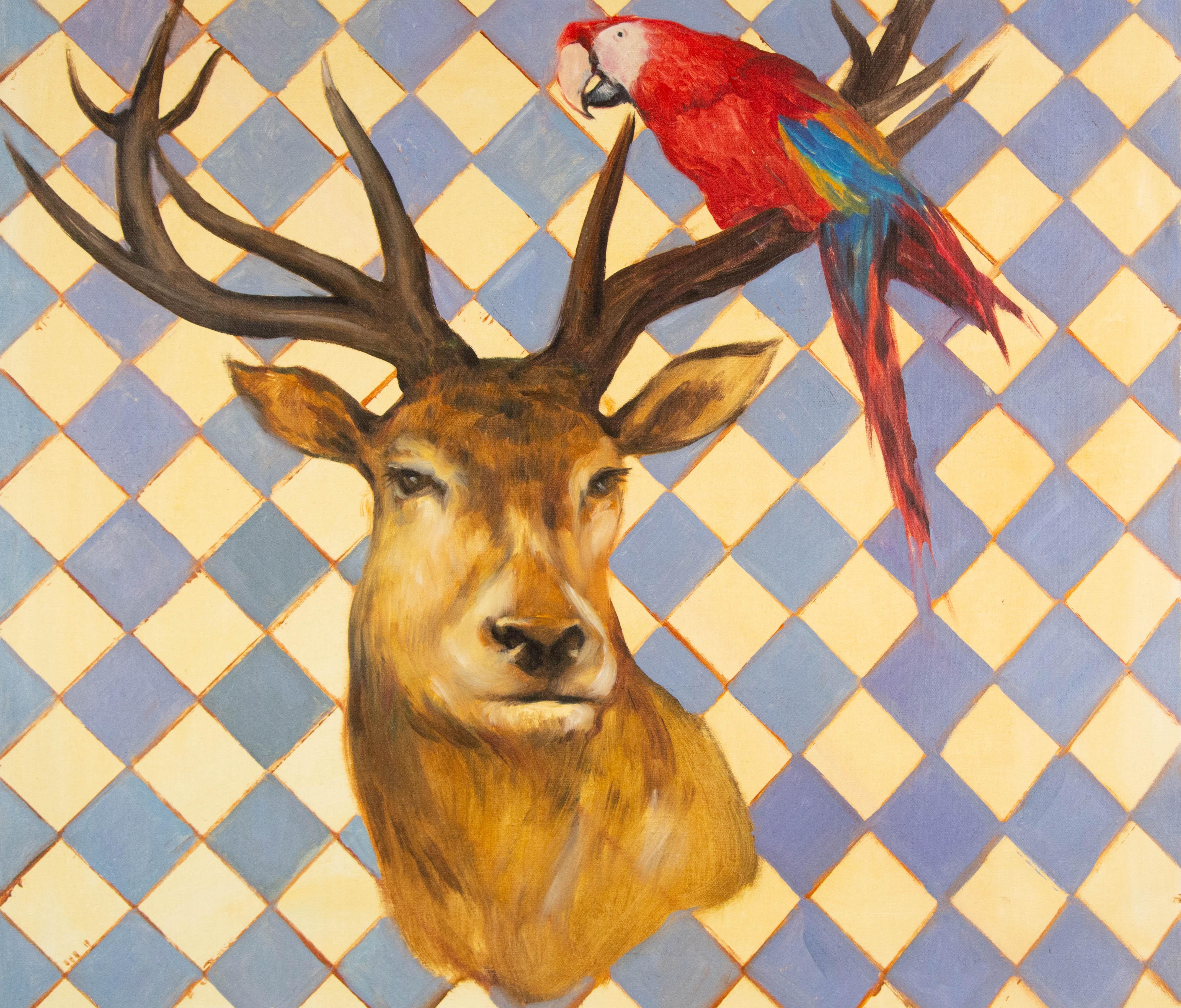  Titel: Papagei und Hirsche
 Medium: Öl auf Leinwand
 Größe: 21 x 24 Zoll
 Rahmen: Einrahmungsmöglichkeiten vorhanden!
 Zustand: Das Gemälde scheint in ausgezeichnetem Zustand zu sein.
 Hinweis: Dieses Gemälde ist nicht aufgespannt.
 Jahr: 2000