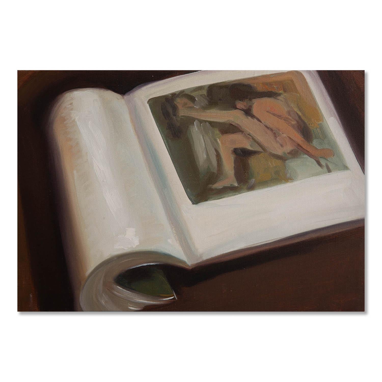  Title: Still Life With Book 
 Medium: Oil on canvas
 Size: 8.5 x 12 inches
 Frame: Framing options available!
 Condition: The painting appears to be in excellent condition.
 
 Year: 2000 Circa
 Artist: Dongxing Huang
 Signature: Unsigned
 Signature