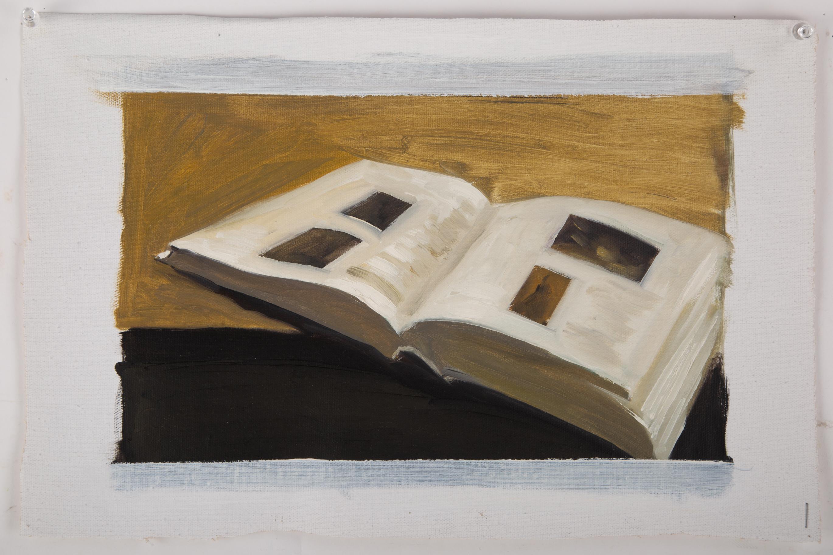 Dongxing Huang Stillleben Original Ölgemälde auf Leinwand „Ein Buch“ im Angebot 1
