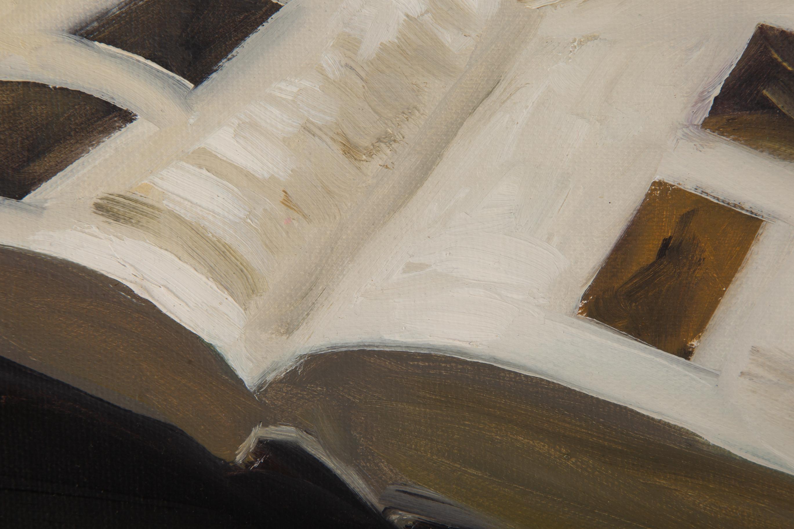Dongxing Huang Stillleben Original Ölgemälde auf Leinwand „Ein Buch“ im Angebot 4
