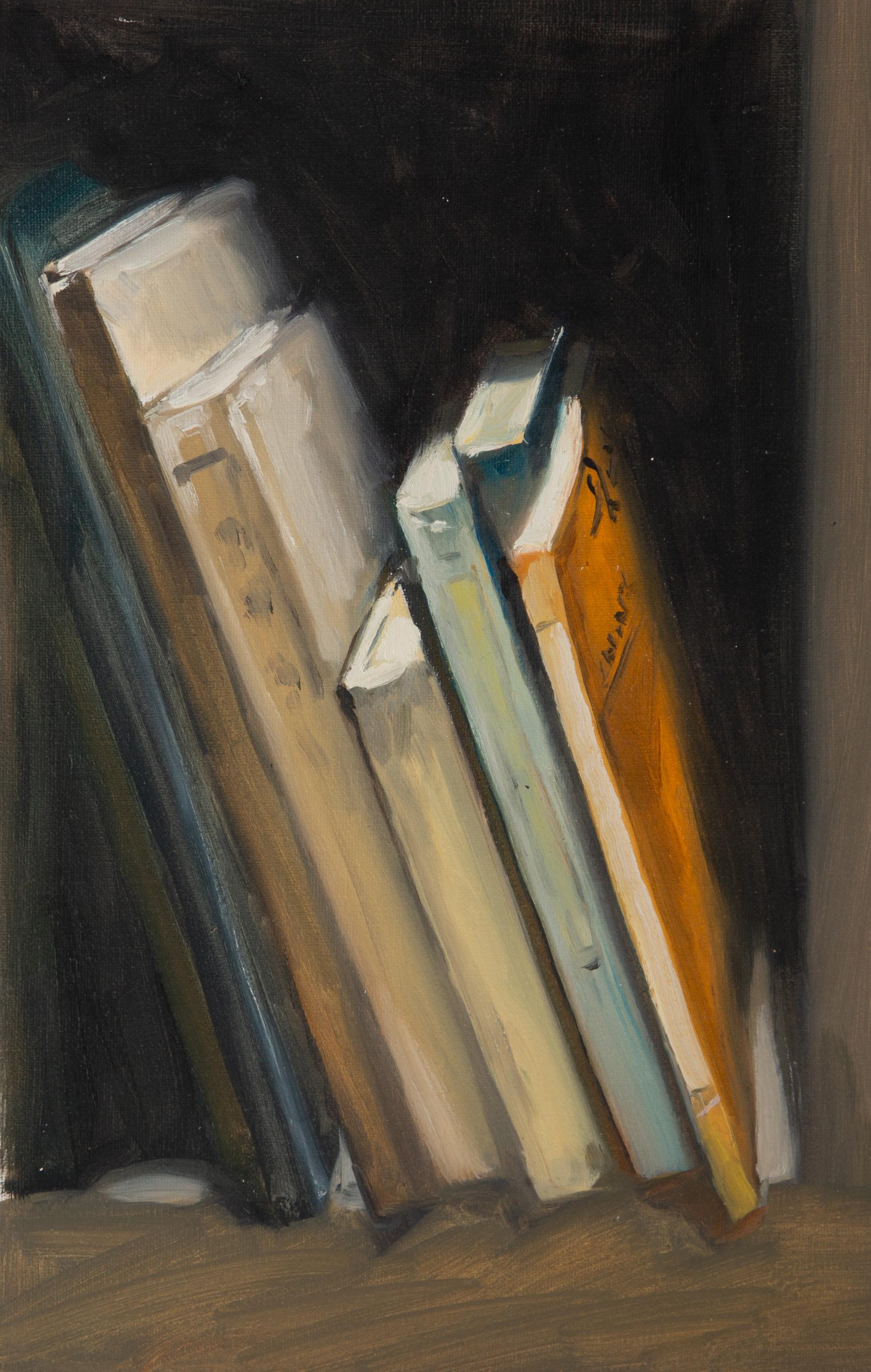  Title: Part Of My Bookshelf
 Medium: Oil on canvas
 Size: 13 x 8.5 inches
 Frame: Framing options available!
 Condition: The painting appears to be in excellent condition.
 
 Year: 2000 Circa
 Artist: Dongxing Huang
 Signature: 
 Signature
