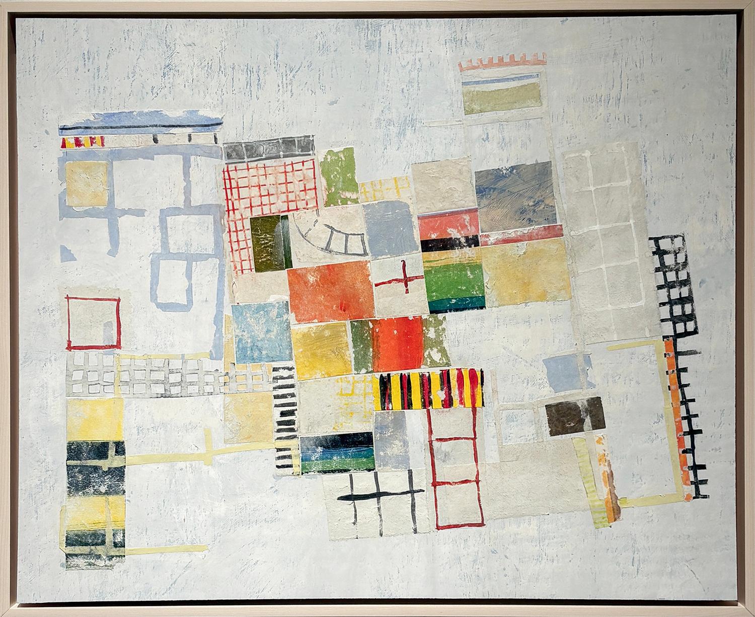 Best Laid Plan (Mixed Media Collage on Board in Bright Colors) - Abstract Geometric Painting by Donise English