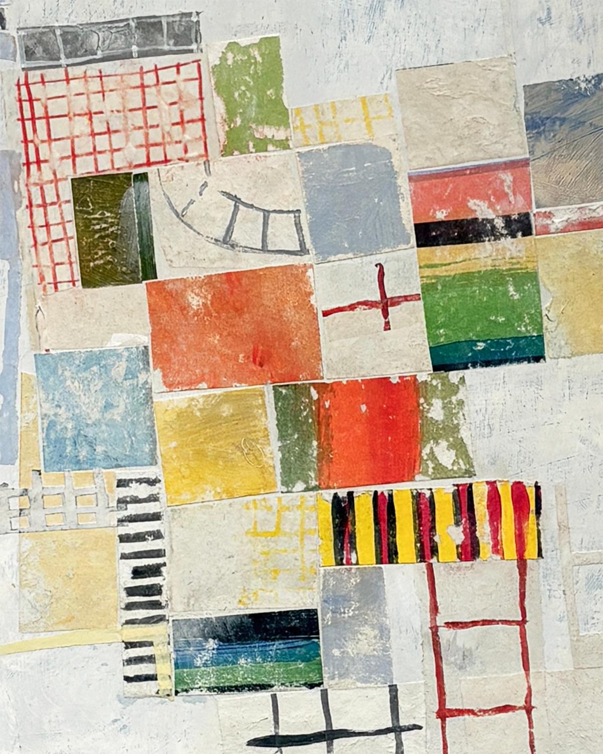 Best Laid Plan (Mixed Media Collage on Board in Bright Colors), made by Hudson Valley based artist, Donise English, in 2025
mixed media collage on board, framed
Image size: 20.50 x 25.50 in.
Frame size: 21.75 x 26.75 in. 
Light wood floater