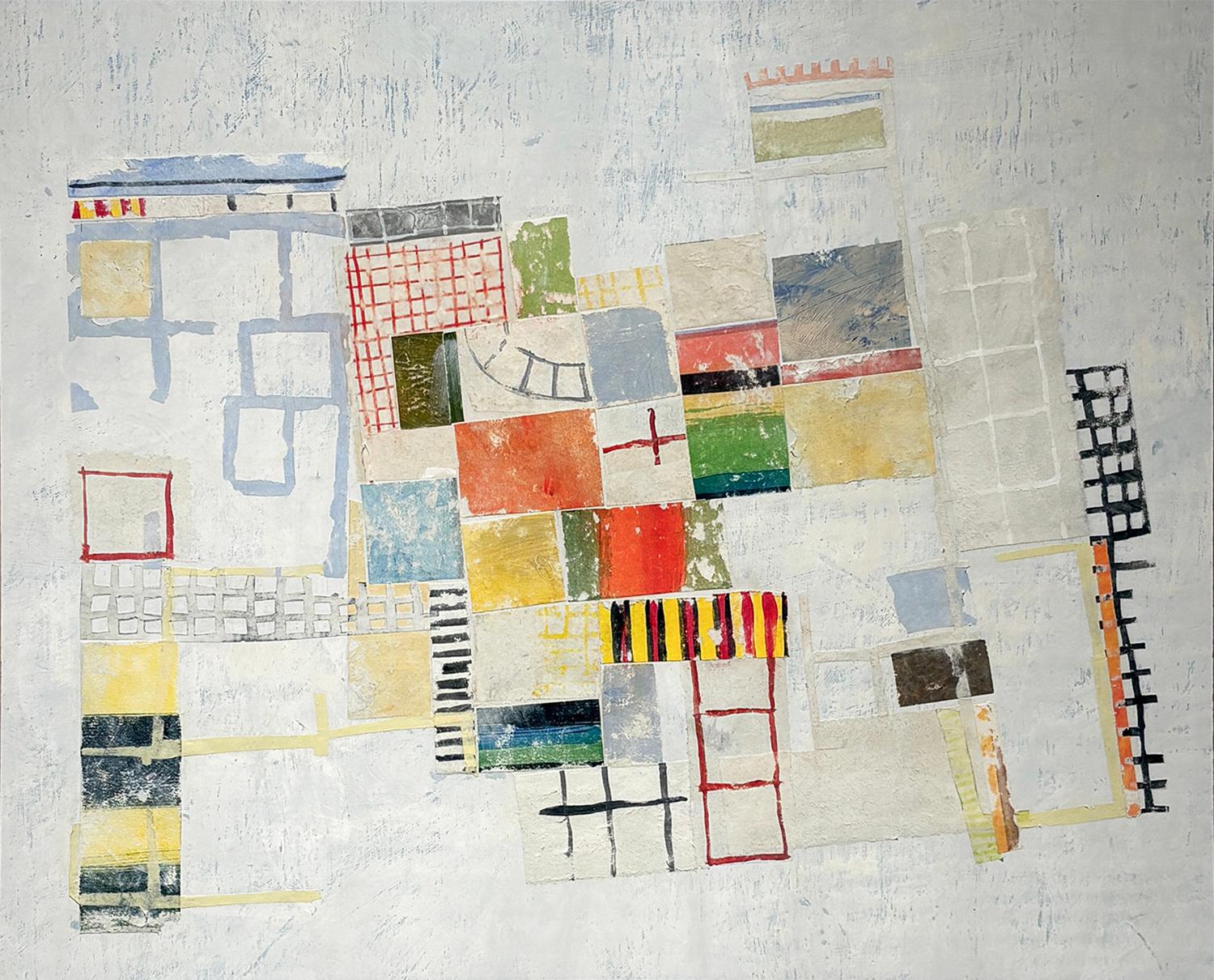 Donise English Abstract Painting - Best Laid Plan (Mixed Media Collage on Board in Bright Colors)