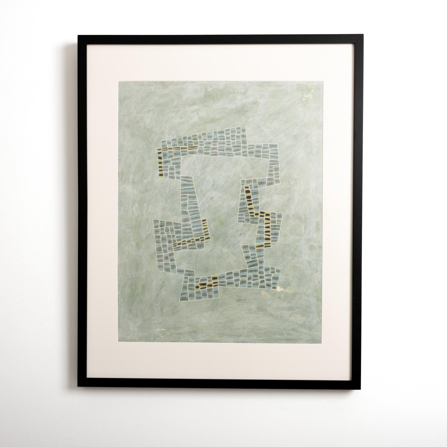Blaues & graues Grünes Plan: Abstraktes, geometrisches, gerahmtes Gemälde in kühl getönter Palette – Art von Donise English