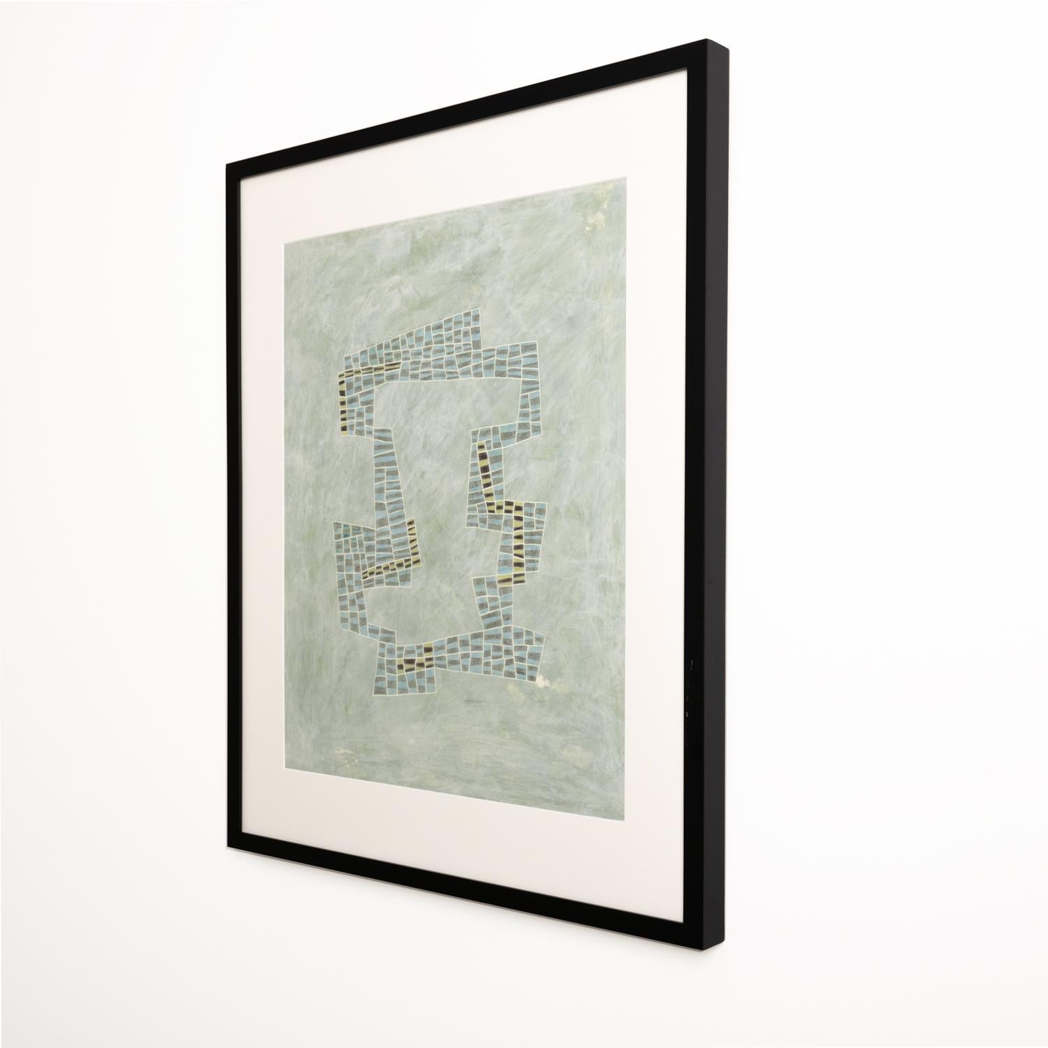 Abstract geometric painting with a cool toned palette of green, blue, and grey with accents of black and white against a sea foam green colored acrylic wash background

