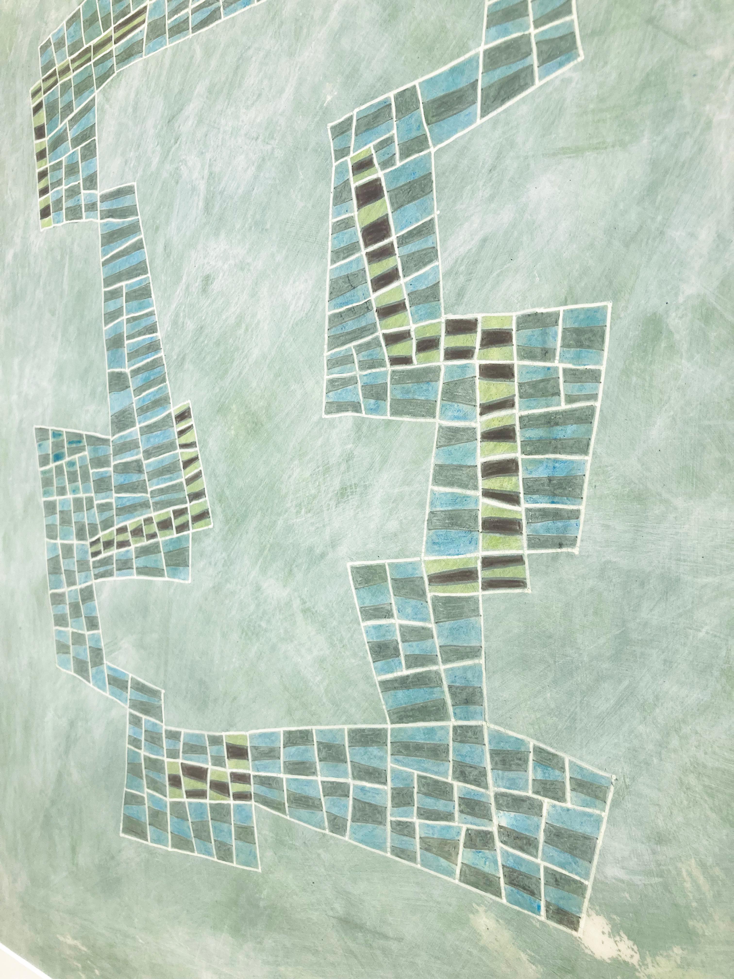 Abstraktes geometrisches Gemälde mit einer kühlen Farbpalette von Grün, Blau und Grau mit Akzenten von Schwarz und Weiß vor einem meerschaumgrünen, mit Acrylfarbe gewaschenen Hintergrund
