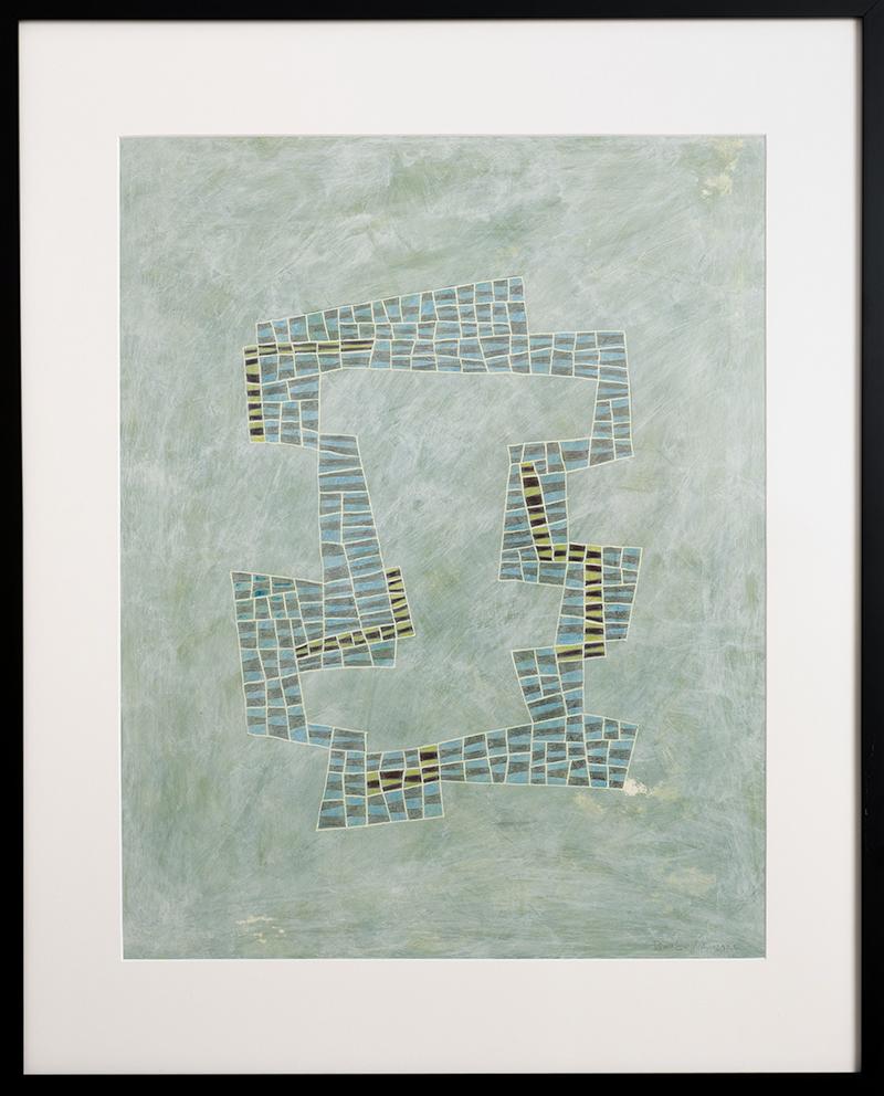 Donise English Abstract Drawing – Blaues & graues Grünes Plan: Abstraktes, geometrisches, gerahmtes Gemälde in kühl getönter Palette