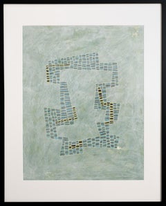 Plan bleu et gris vert : peinture géométrique abstraite encadrée dans une palette de tons froids