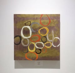 Herd (Abstract Encaustic Painting Panel in Olive Green, Graphic Orange Circles)