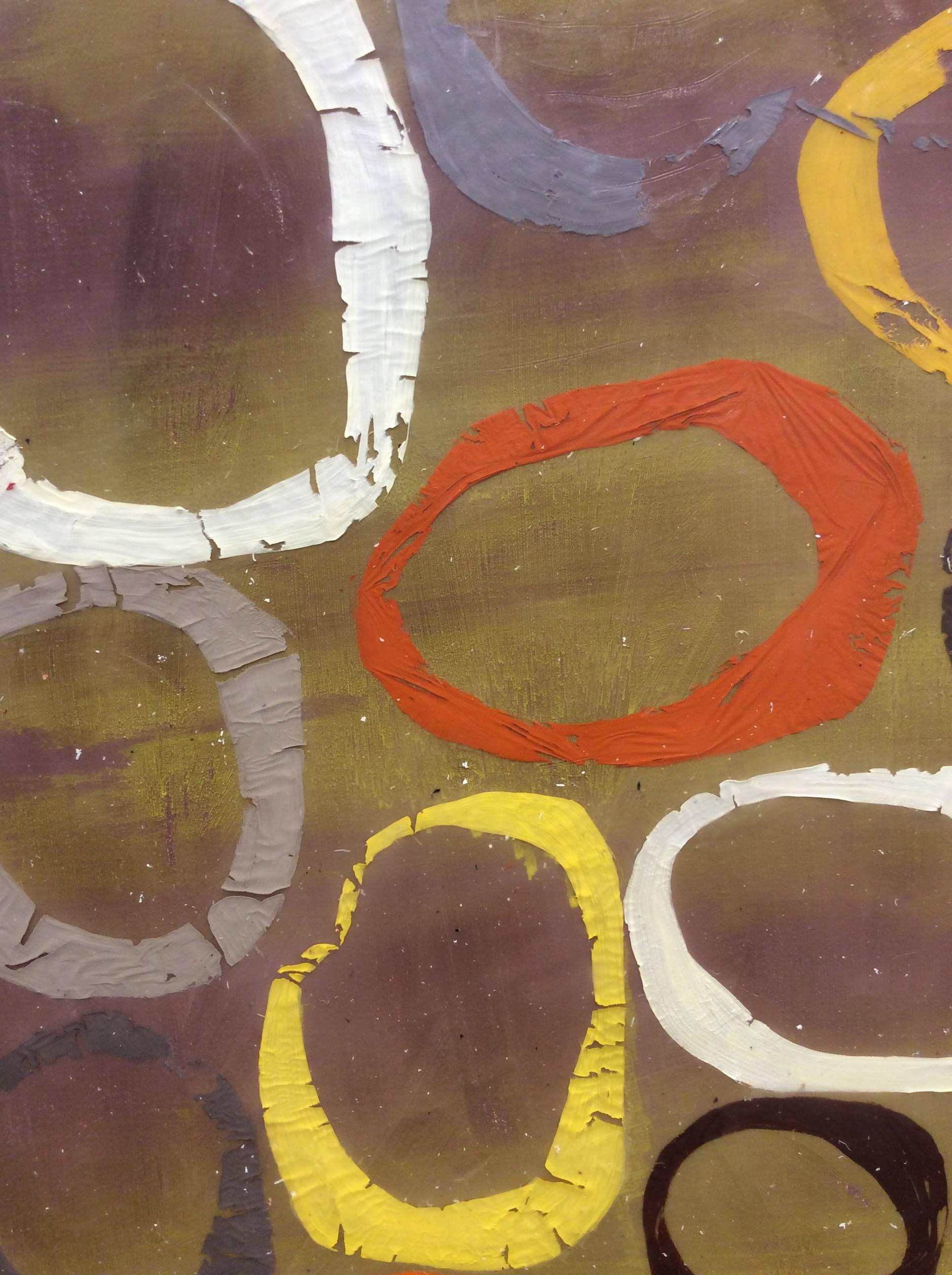 Herd (Abstrakte Enkaustik-Malerei in Olivgrün, grafische orangefarbene Kreise) im Angebot 1