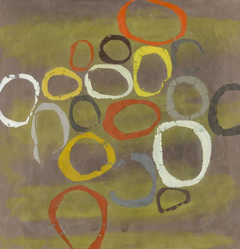 Herd ( Panneau de peinture à l'encaustique abstrait en vert olive, cercles graphiques orange)