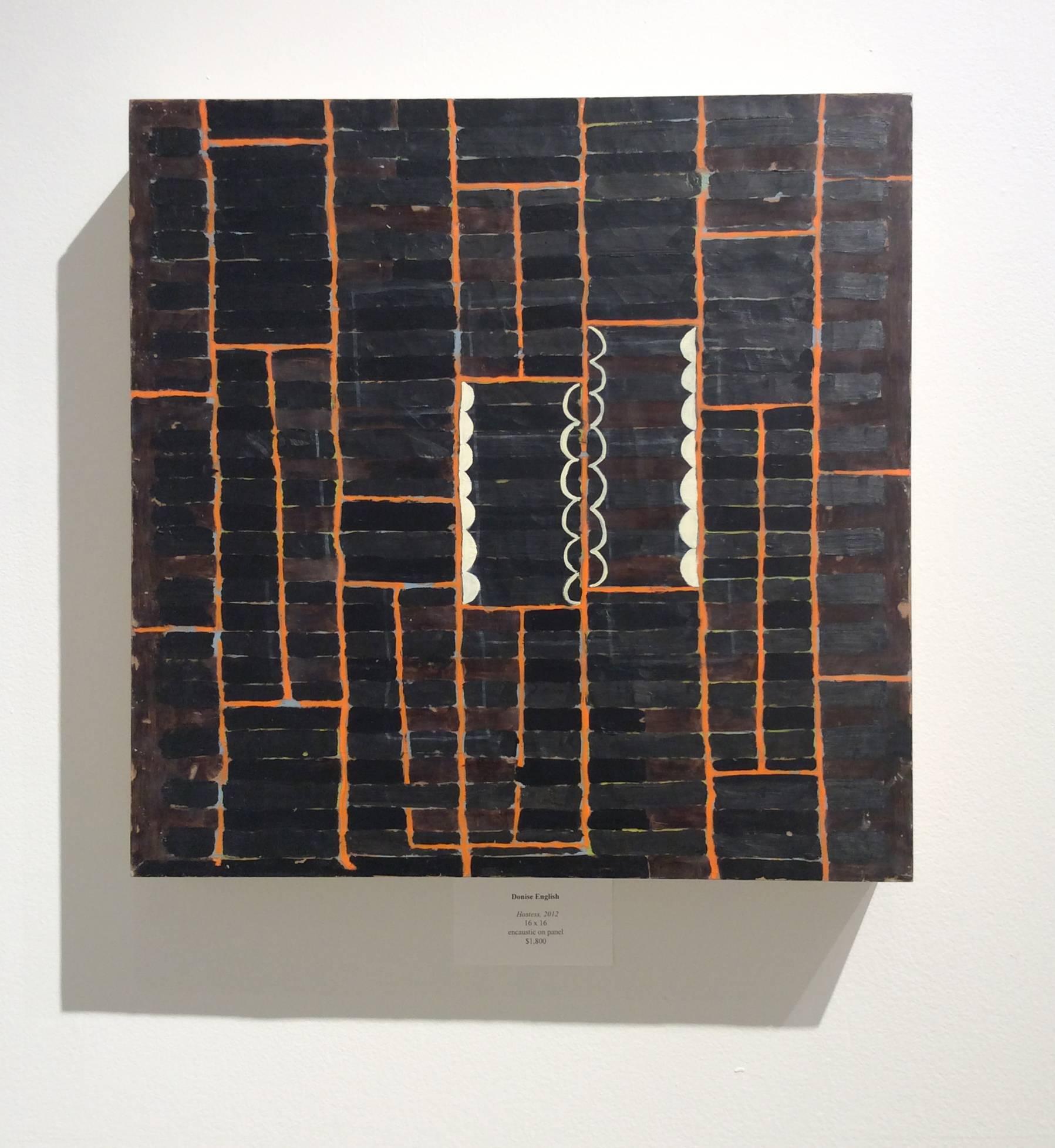 16 x 16 x 2 inches
encaustic on square wood panel

HOSTESS is an abstracted painting in rich encaustic (pigmented wax) on wood panel.  A dark, cross-hatched pattern is overlaid with a bright orange grid.  Donise English is well known for her quirky