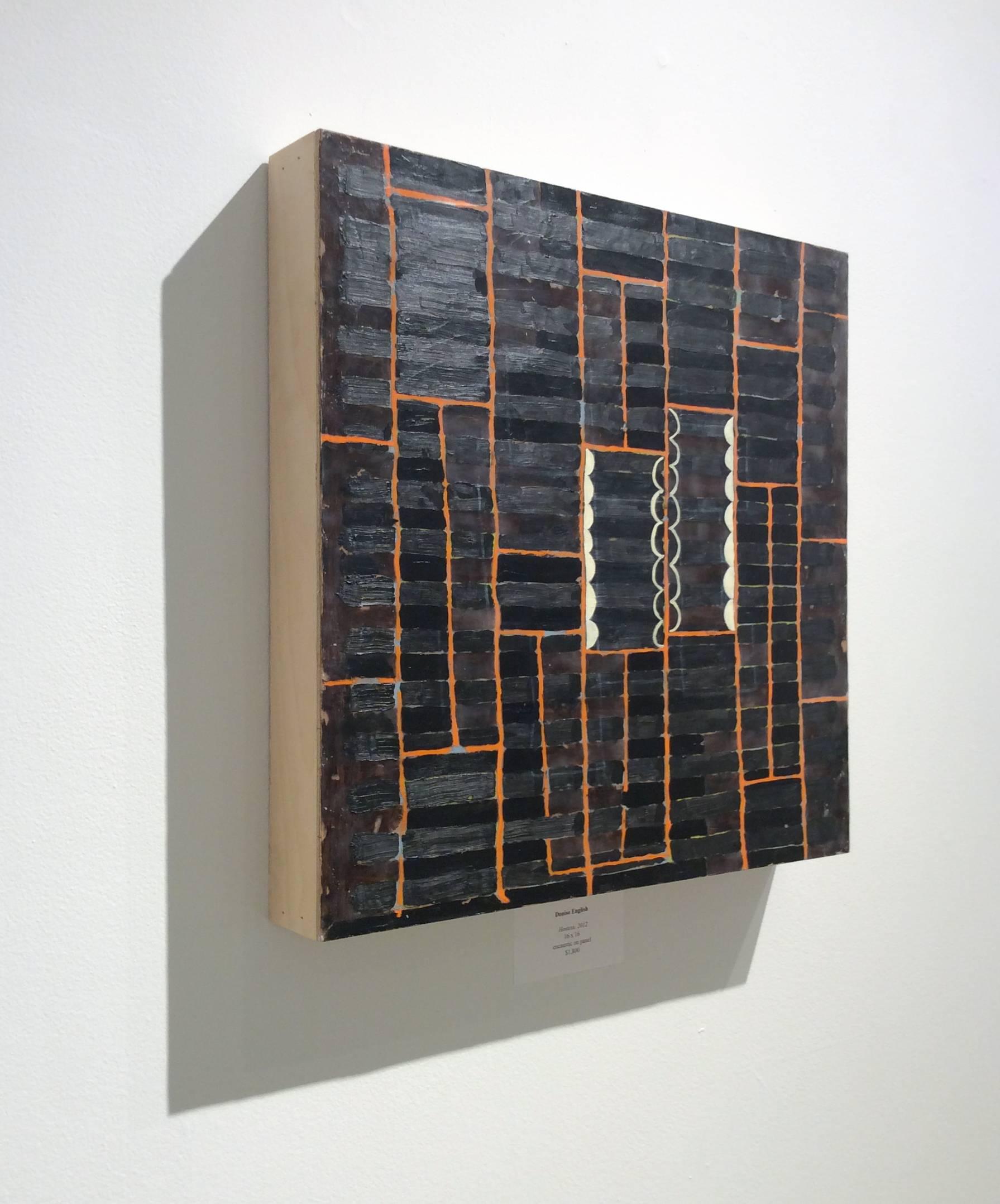 Hostess (Contemporary Abstract Painting on Panel in Dark Brown with Orange Grid) For Sale 1