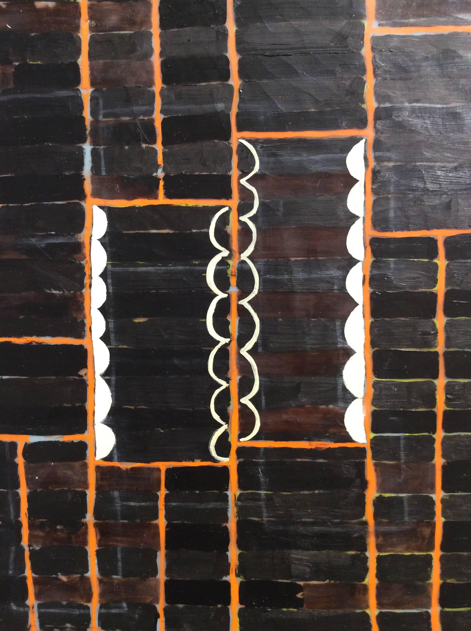 Hostess ( zeitgenössisches abstraktes Gemälde auf Tafel in Dunkelbraun mit orangefarbenem Gitter) (Schwarz), Abstract Painting, von Donise English