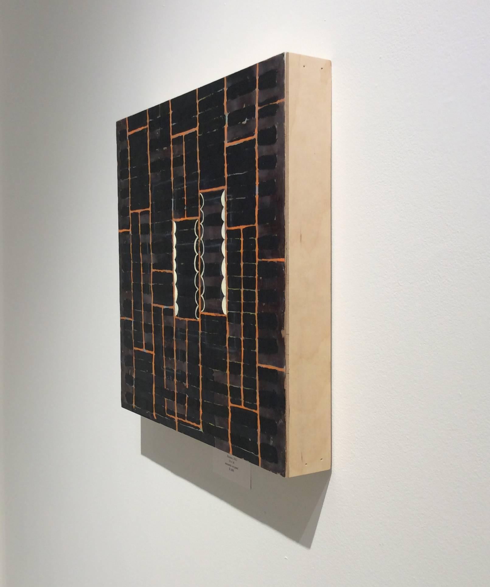 16 x 16 x 2 Zoll
enkaustik auf quadratischer Holzplatte

HOSTESS ist ein abstraktes Gemälde in reicher Enkaustik (pigmentiertes Wachs) auf Holzplatte.  Ein dunkles, kreuzschraffiertes Muster wird von einem leuchtend orangefarbenen Gitter überlagert.
