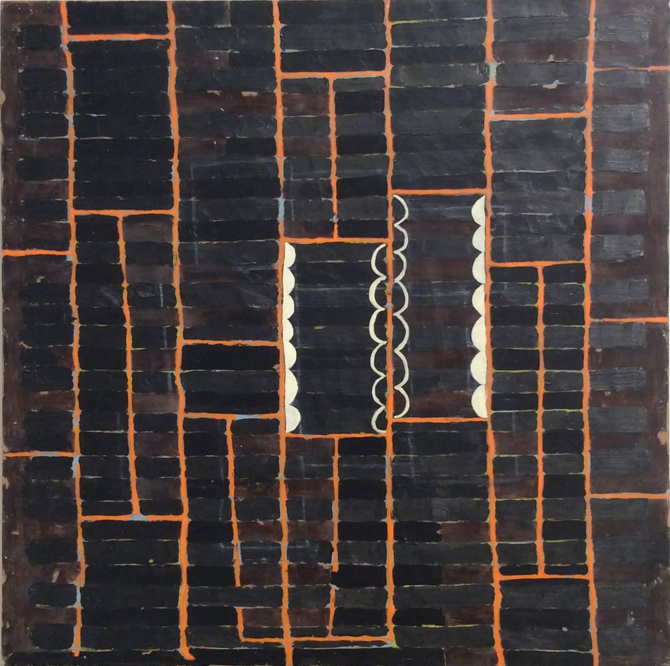 Hostess (Contemporary Abstract Painting on Panel in Dark Brown with Orange Grid)