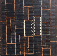 Used Hostess (Contemporary Abstract Painting on Panel in Dark Brown with Orange Grid)