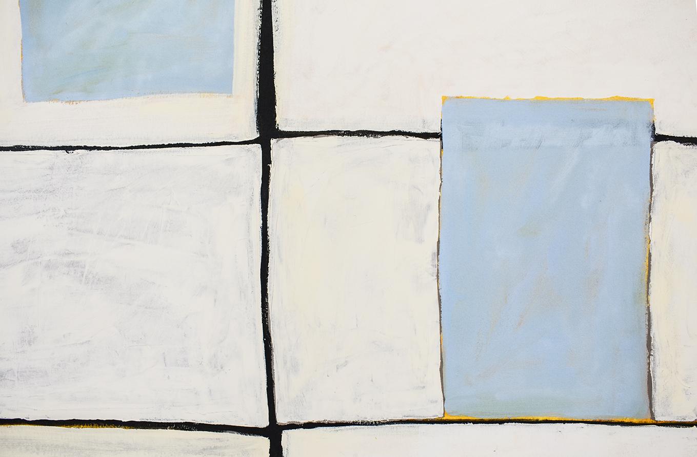 Left & Right Grid (Contemporary Abstract Geometric Vertical Painting with Pale Blue Squares on Cream Background)
Oil on canvas, unframed
64 x 58 x 2 inches
Signed on reverse 
Wire and d-rings installed on the back

This pale blue and cream geometric