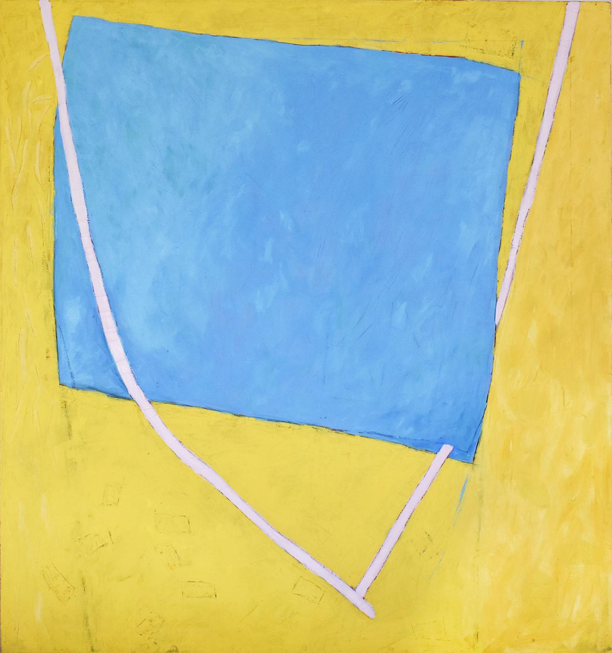 Nan's Lair (Grande peinture géométrique abstraite en jaune vif, bleu et rose) - Painting de Donise English