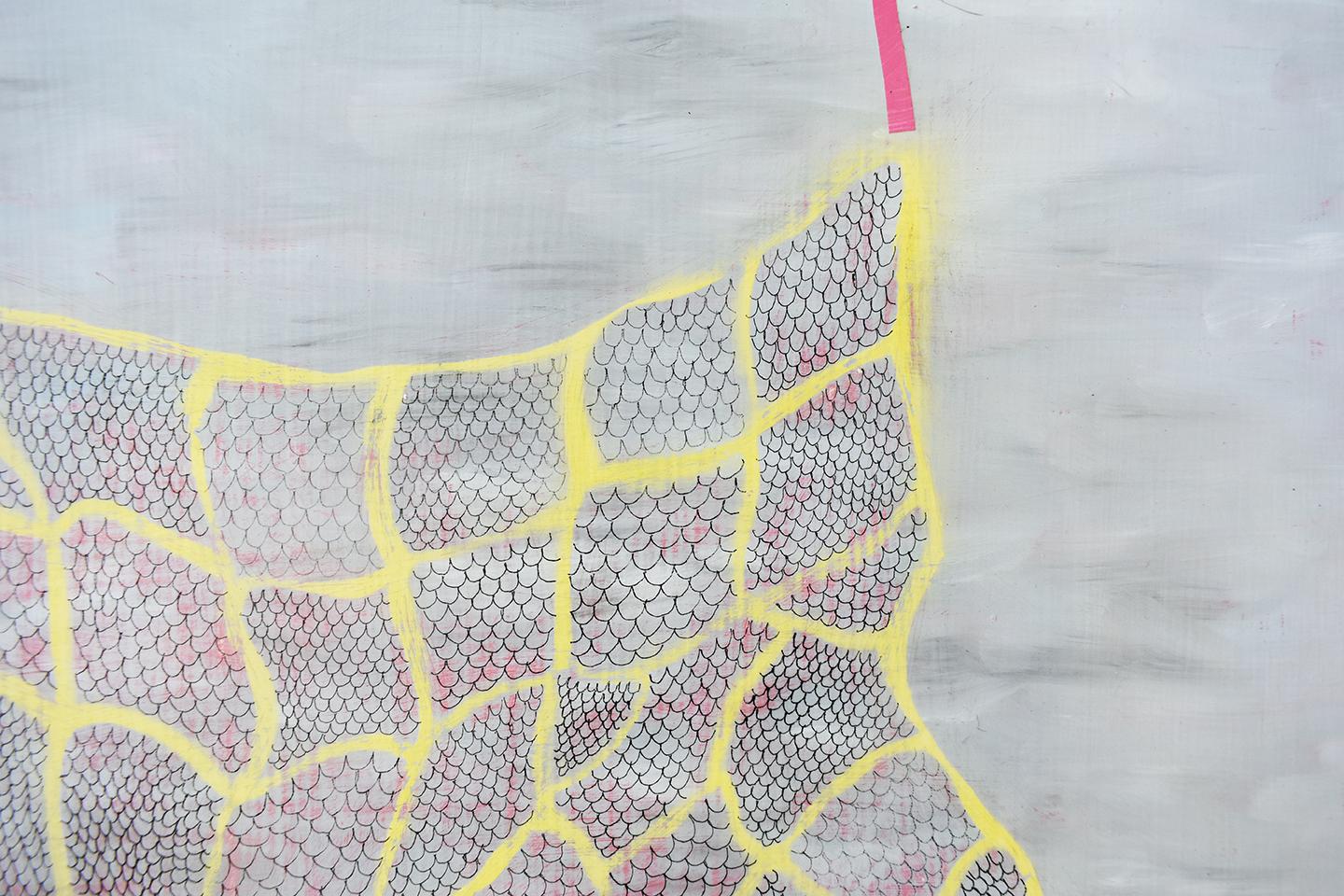 Netznetz (nicht-repräsentatives Gemälde mit gelbem Gitter auf Holzplatte) (Zeitgenössisch), Painting, von Donise English