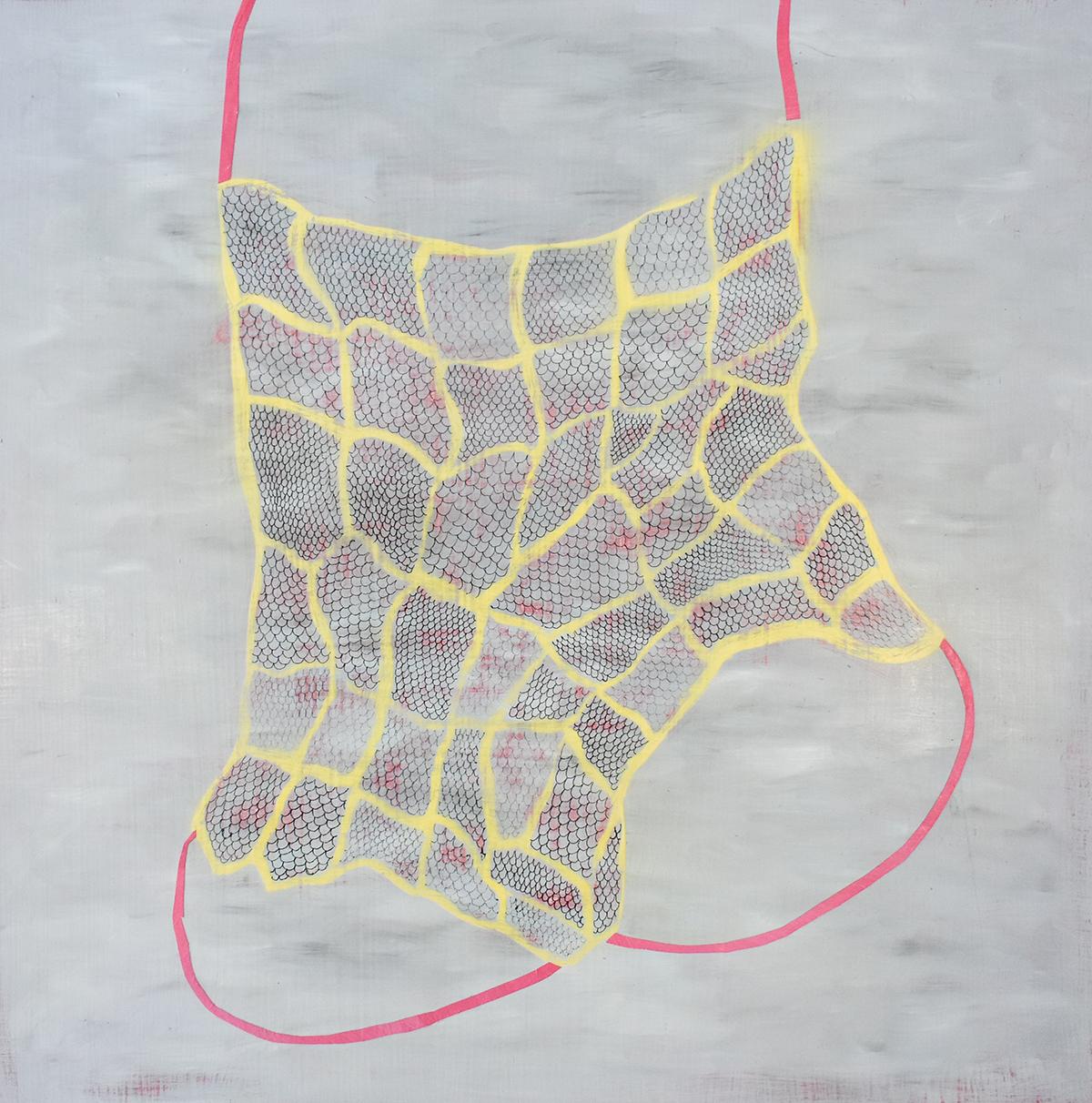 Donise English Abstract Painting – Netznetz (nicht-repräsentatives Gemälde mit gelbem Gitter auf Holzplatte)