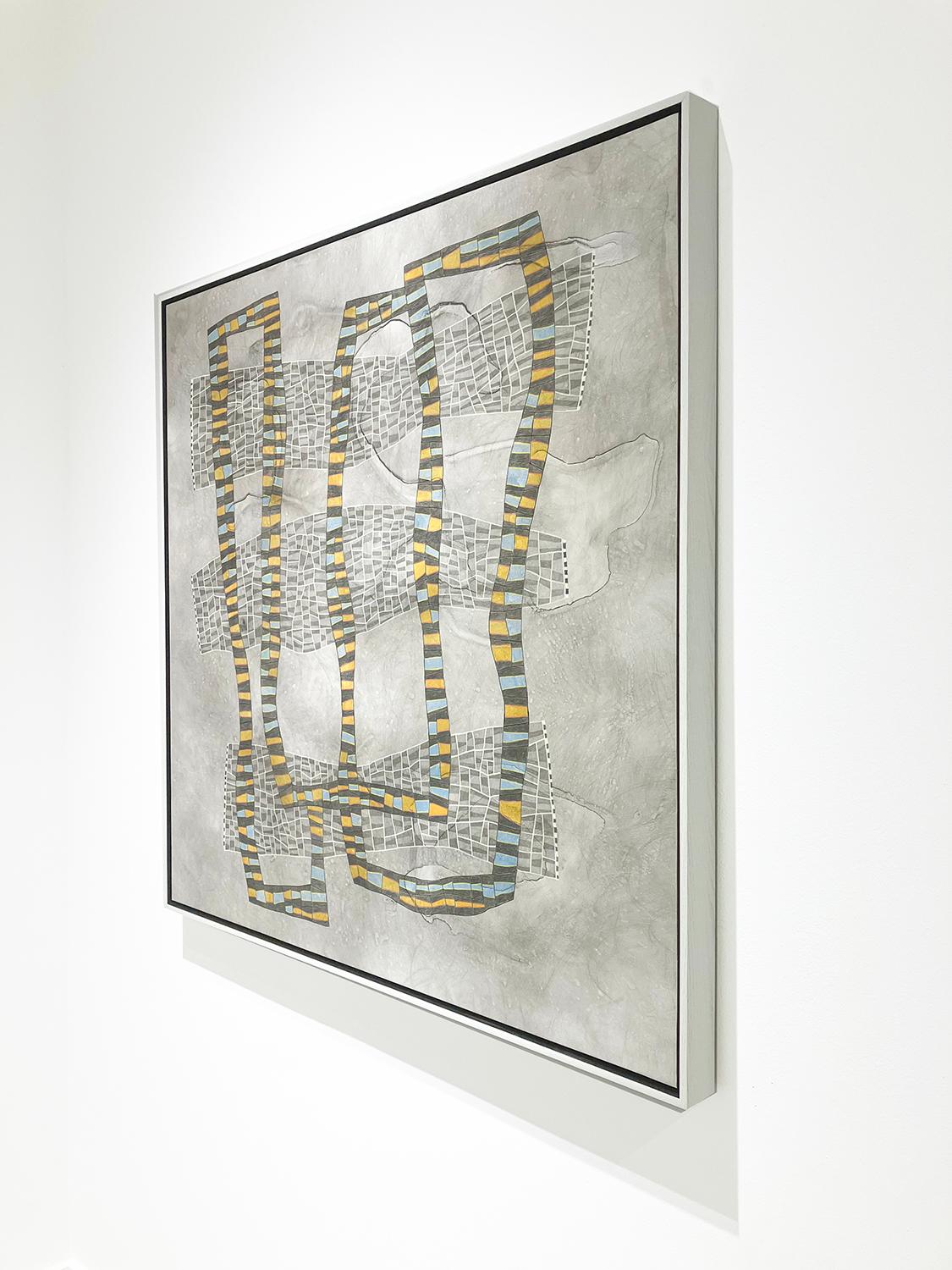 Cuadro geométrico abstracto detallado inspirado en las cuadrículas de las ciudades en gris claro, azul y amarillo
