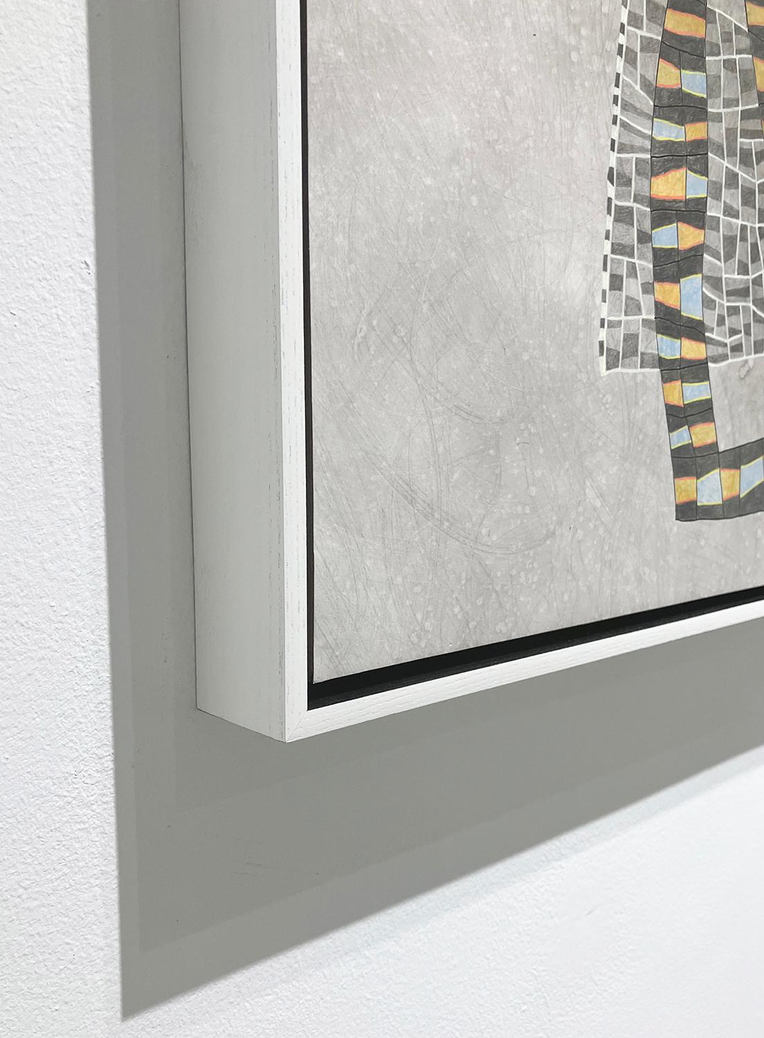 Específicamente en ninguna parte (Pintura abstracta de cuadrícula geométrica en gris, azul y amarillo) en venta 1