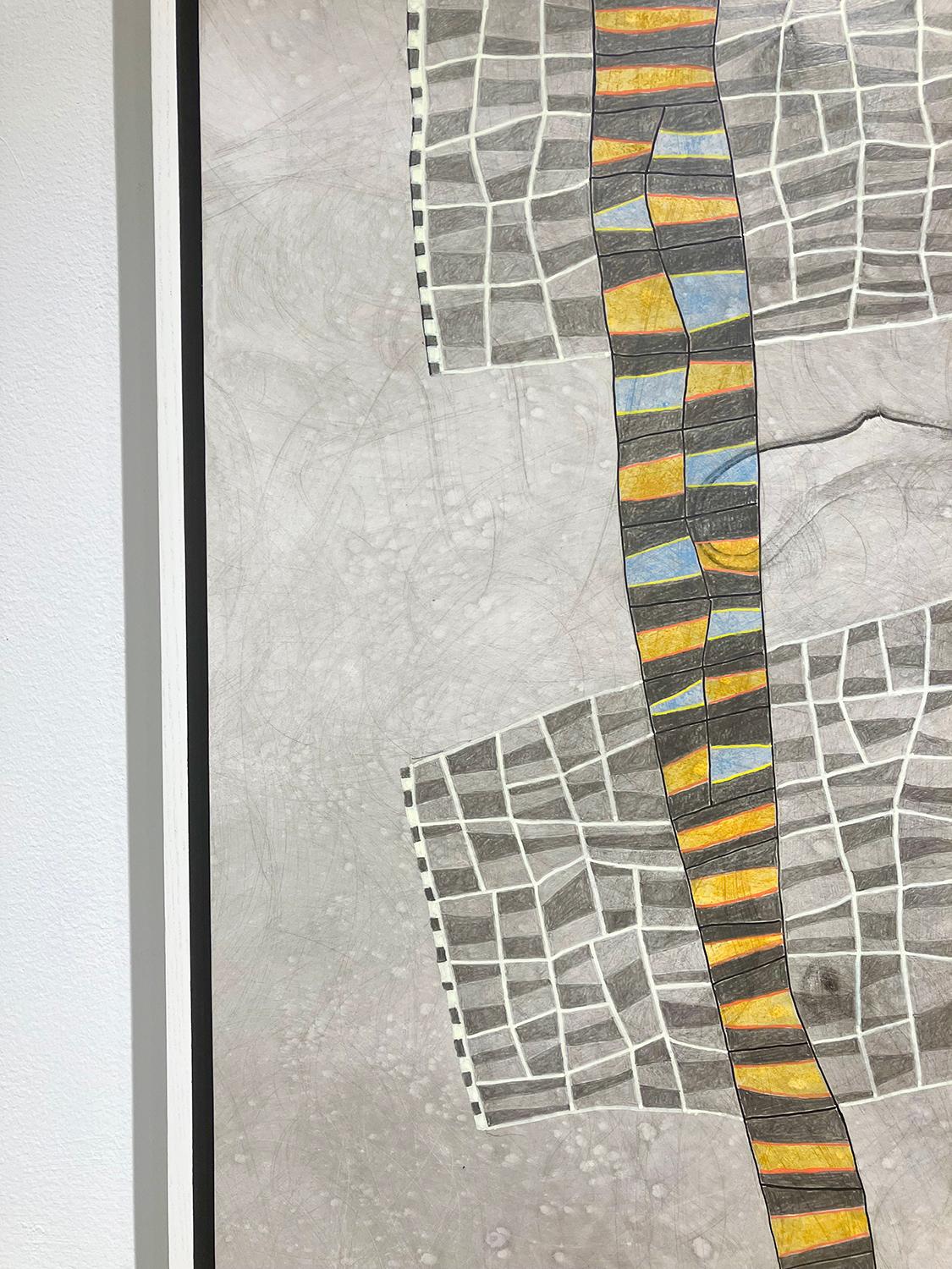 Específicamente en ninguna parte (Pintura abstracta de cuadrícula geométrica en gris, azul y amarillo) en venta 2