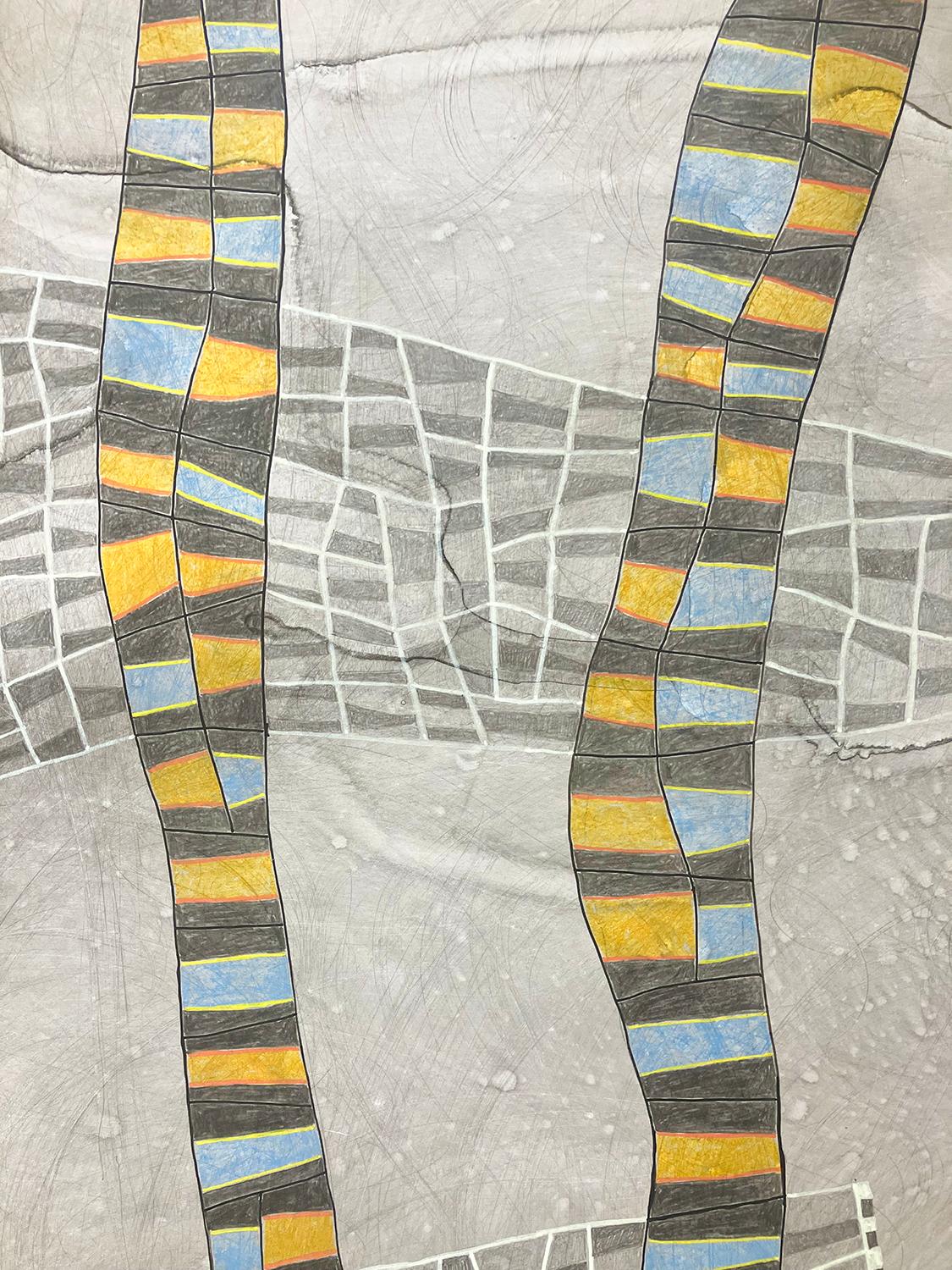 Específicamente en ninguna parte (Pintura abstracta de cuadrícula geométrica en gris, azul y amarillo) en venta 3