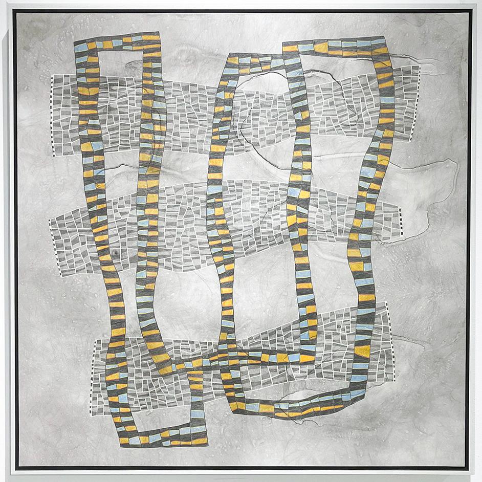 Specifically Nowhere (Abstract Geometric Grid Painting in Grey, Blue, Yellow)