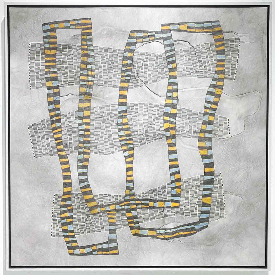 Específicamente en ninguna parte (Pintura abstracta de cuadrícula geométrica en gris, azul y amarillo) - Mixed Media Art de Donise English