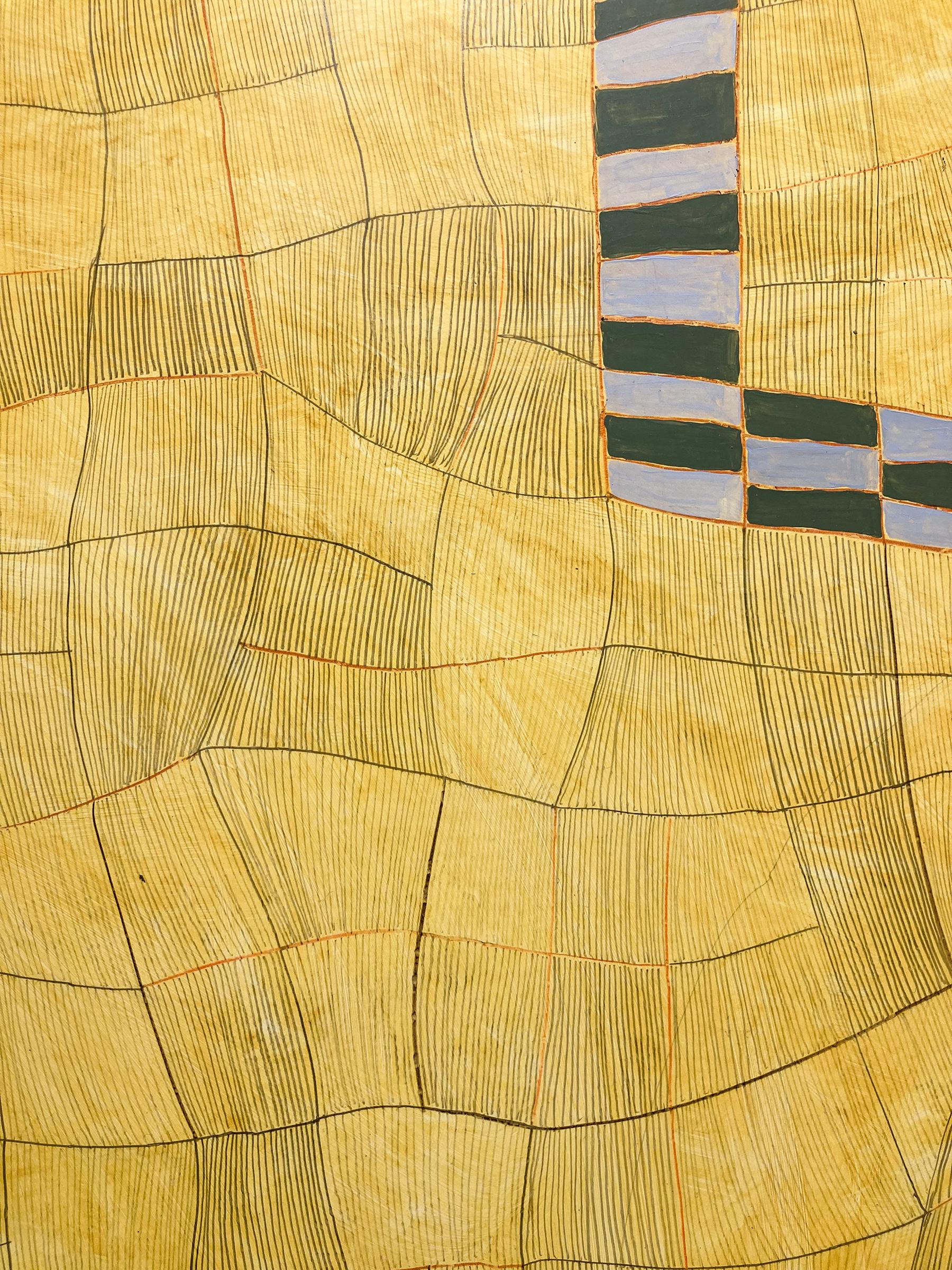 Large abstract geometric painting with intricate line work in pencil and gouache on a bright yellow background
