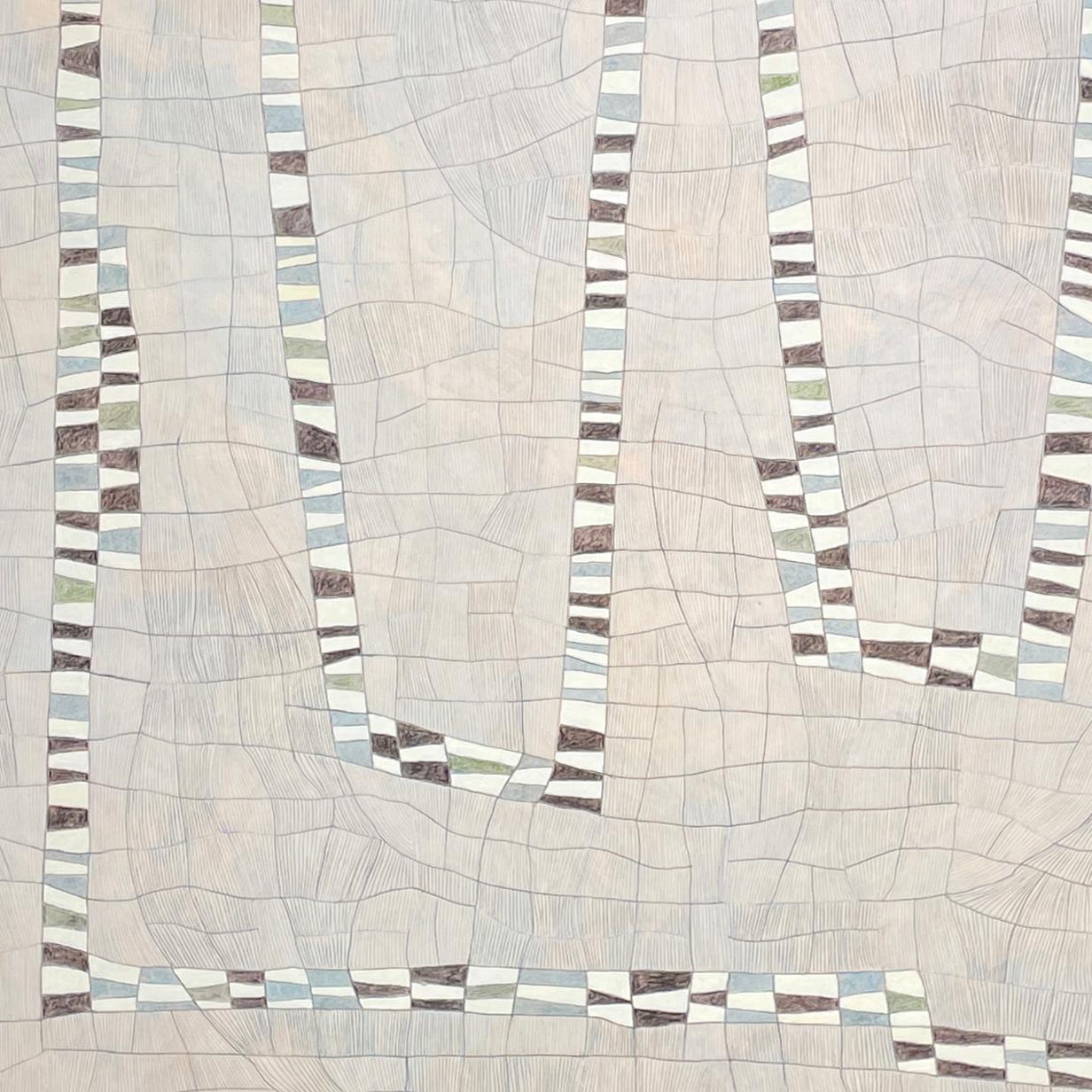 Detailliertes abstraktes geometrisches Gemälde, inspiriert von städtischen Gitternetzen in Hellgrau und Blau, mit Akzenten in Schwarz und Weiß

