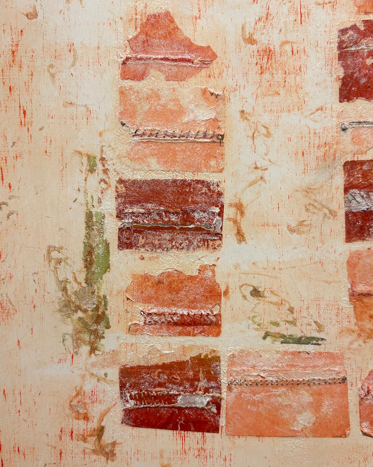 Thinking of Pompeii (Mixed Media Collage on Board in Tones of Red) - Abstract Geometric Painting by Donise English