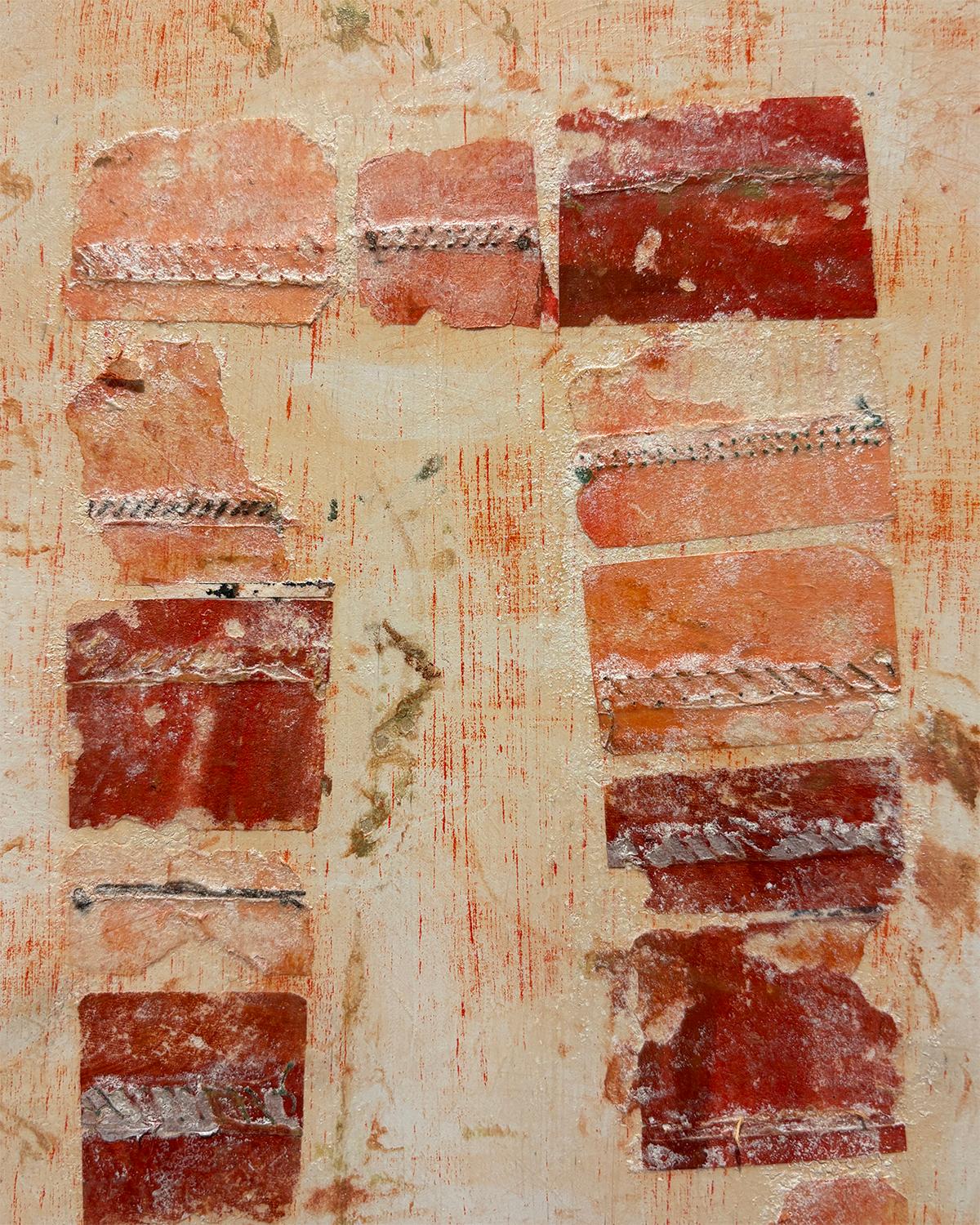 Thinking of Pompeii (Mixed Media Collage on Board in Tones of Red) - Brown Abstract Painting by Donise English
