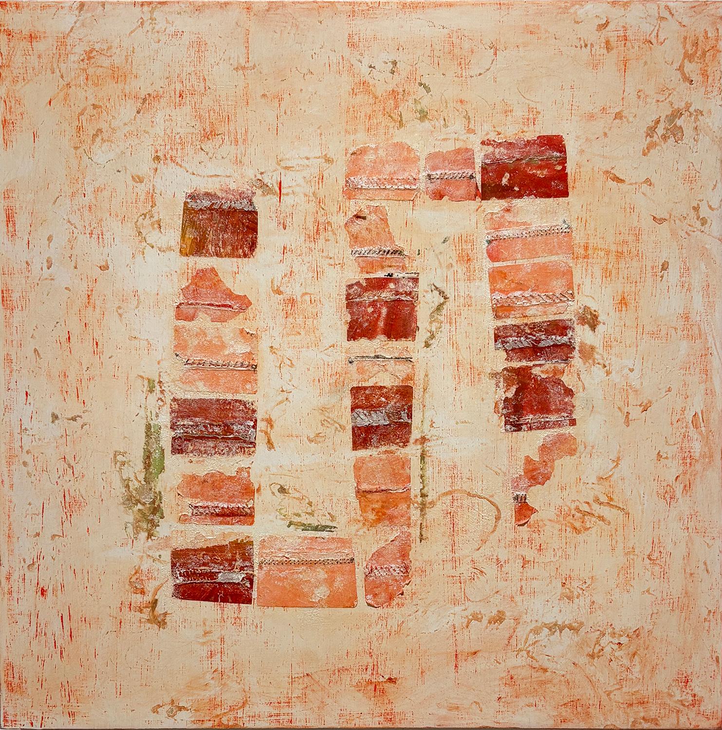 Donise English Abstract Painting - Thinking of Pompeii (Mixed Media Collage on Board in Tones of Red)