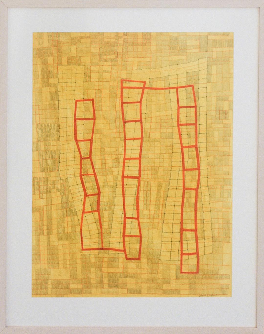 Gelbes und rotes Gitter (abstraktes geometrisches Gemälde in Mischtechnik auf Papier, gerahmt) – Art von Donise English