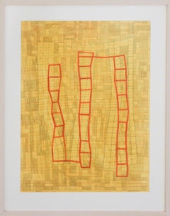 Yellow & Red Grid (Abstract Geometric Mixed Media Painting on Paper, Framed)