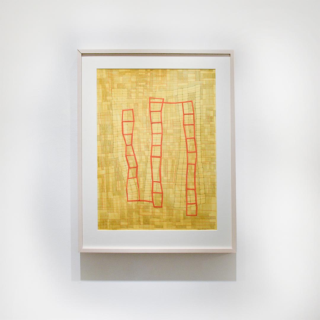 Griglia gialla e rossa (pittura geometrica astratta a tecnica mista su carta, con cornice) - Art Contemporaneo di Donise English